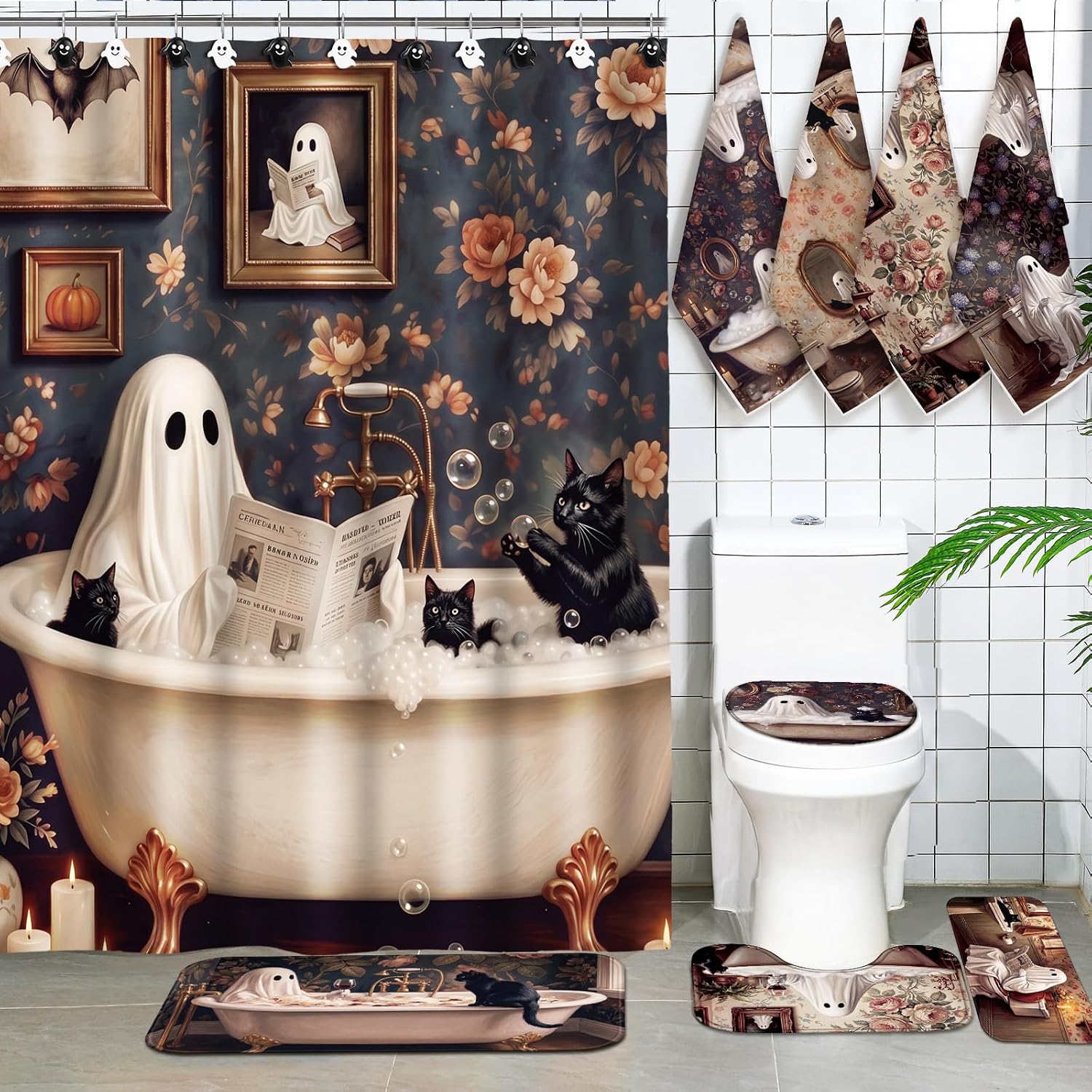 Peryiter 21 Pcs Vintage Halloween Shower Curtain Set, 70.9", Ghost Rugs