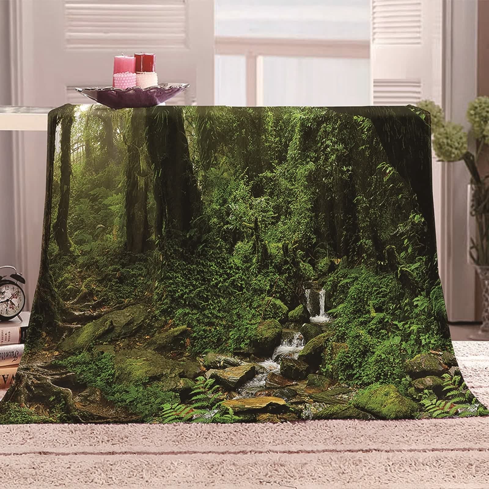 Coperta Termica Flanella,Coperta Pile Invernale Foresta con Ruscello Verde Coperta Invernale 180x220cm