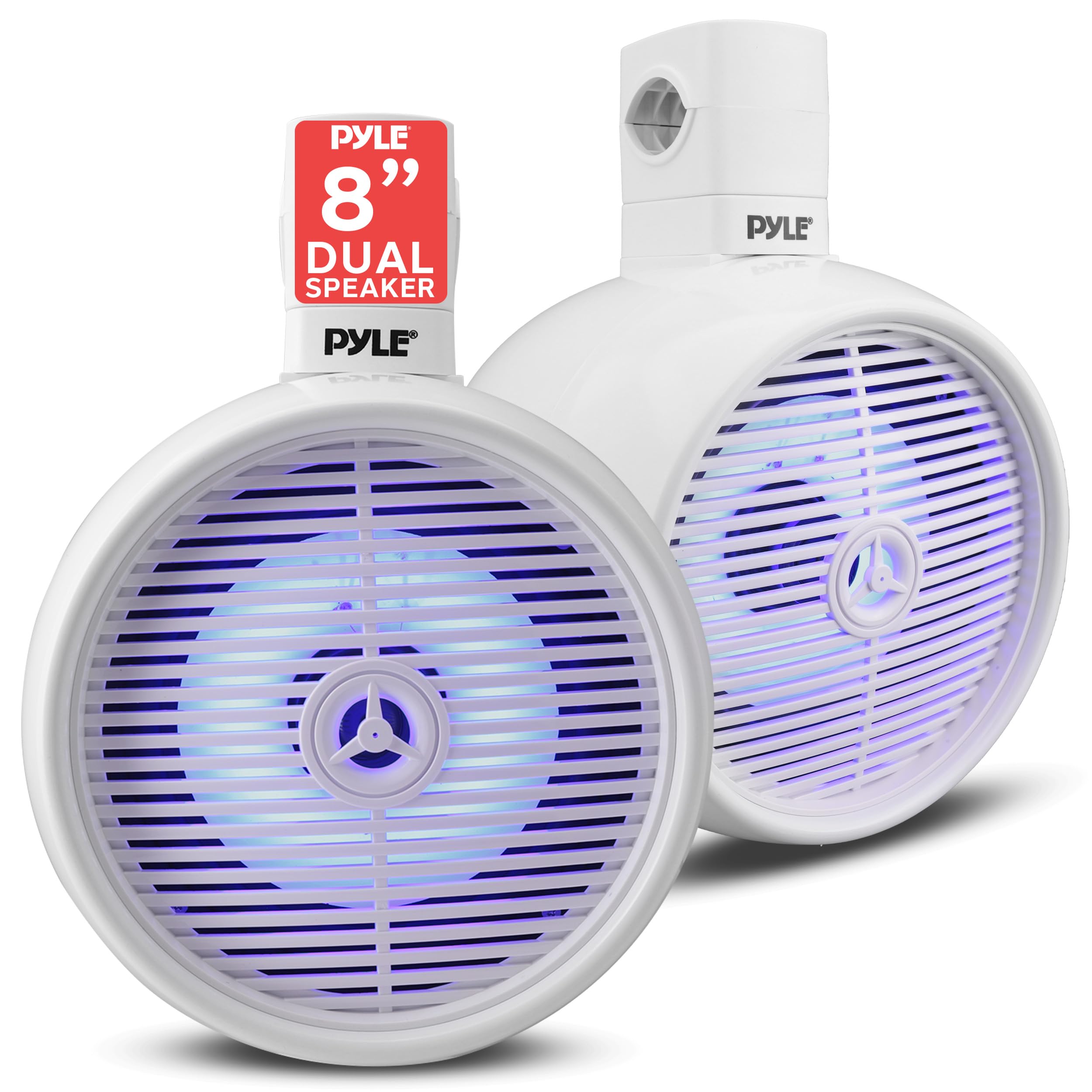 Pyle Bluetooth Waterproof Marine Off-Road Speakers - 8” 300W 2-Way Wakeboard Tower Sound System with LED Lights, Full Range Mountable Outdoor Stereo for Car, ATV, UTV, Jeep, Boat, Set of 2 (White)