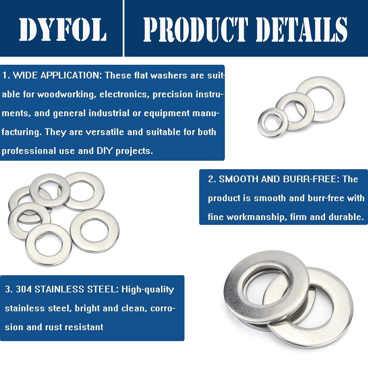 1/4" Stainless Steel Washers,5/8" OD,Made of 304(18-8),Flat Washers,100Pack for 1/4" Bolts(Screws) by DYFOL
