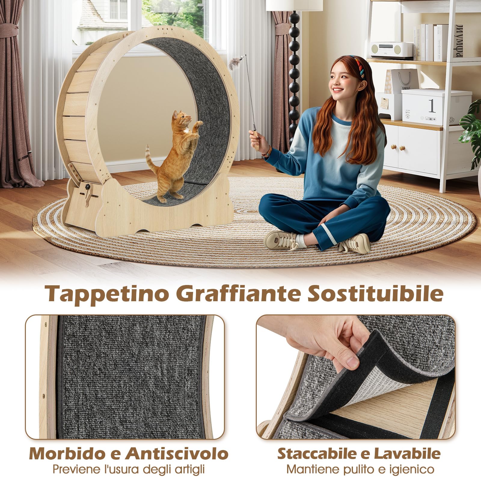 COSTWAY Ruota per Esercizio per Gatti da Interno 101 cm, Tapis Roulant per Gatti con Meccanismo di Blocco, Corsa con Moquette Rimovibile, Ruota di Allenamento in Legno a Rumore Ultra Basso