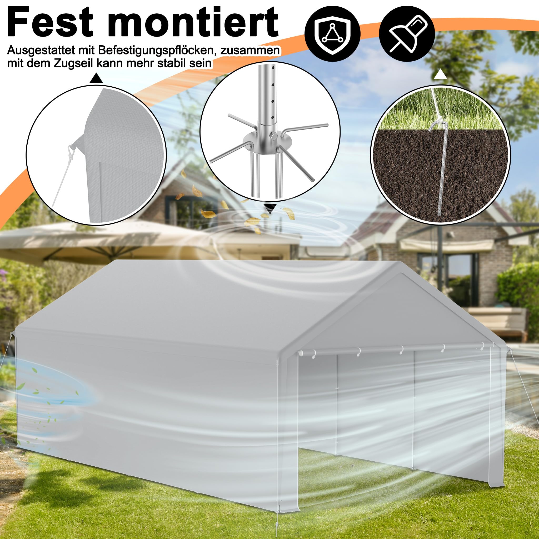 FIVMEN Carport, tente, 4 x 8 m, grande tente de garage, de rangement, avec parois latérales amovibles, résistant à l'hiver, mobile, pour voiture, SUV, camion, gris