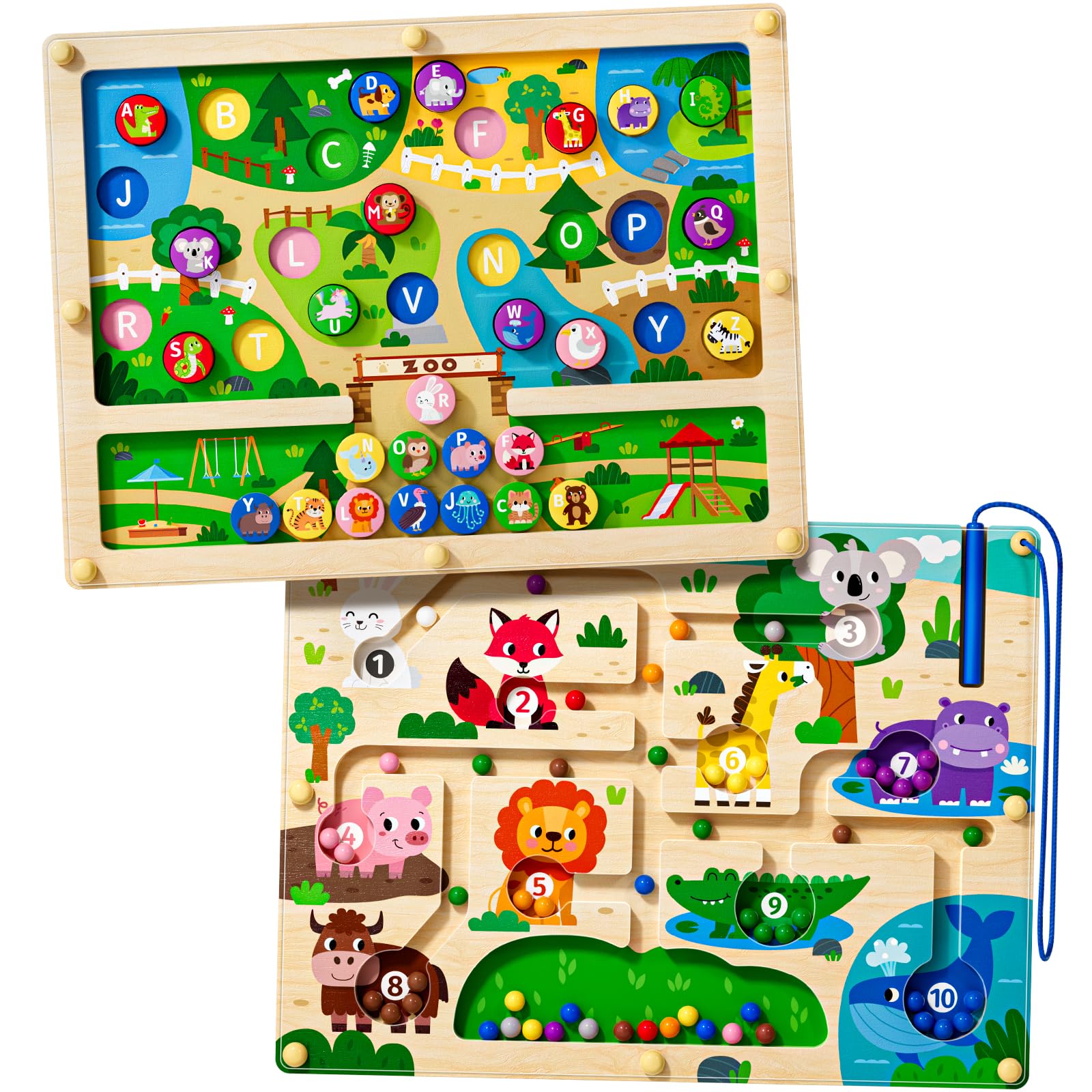 Magnetic Maze 2 in 1 Double Side Color and Number Maze Alphabet Puzzle Board for 3-5 Boys and Girls Kids Montessori Educational Toys (Zoo, One Size)