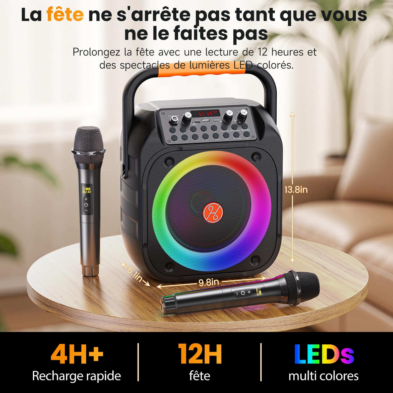 HWWR Enceinte de Karaoké avec 2 Microphones sans Fil, Haut-Parleur Karaoke Complet avec Lumières de fête, Karaoke Adulte et Enfants, Portable Système Karaoké Support AUX/FM/USB/TF Carte