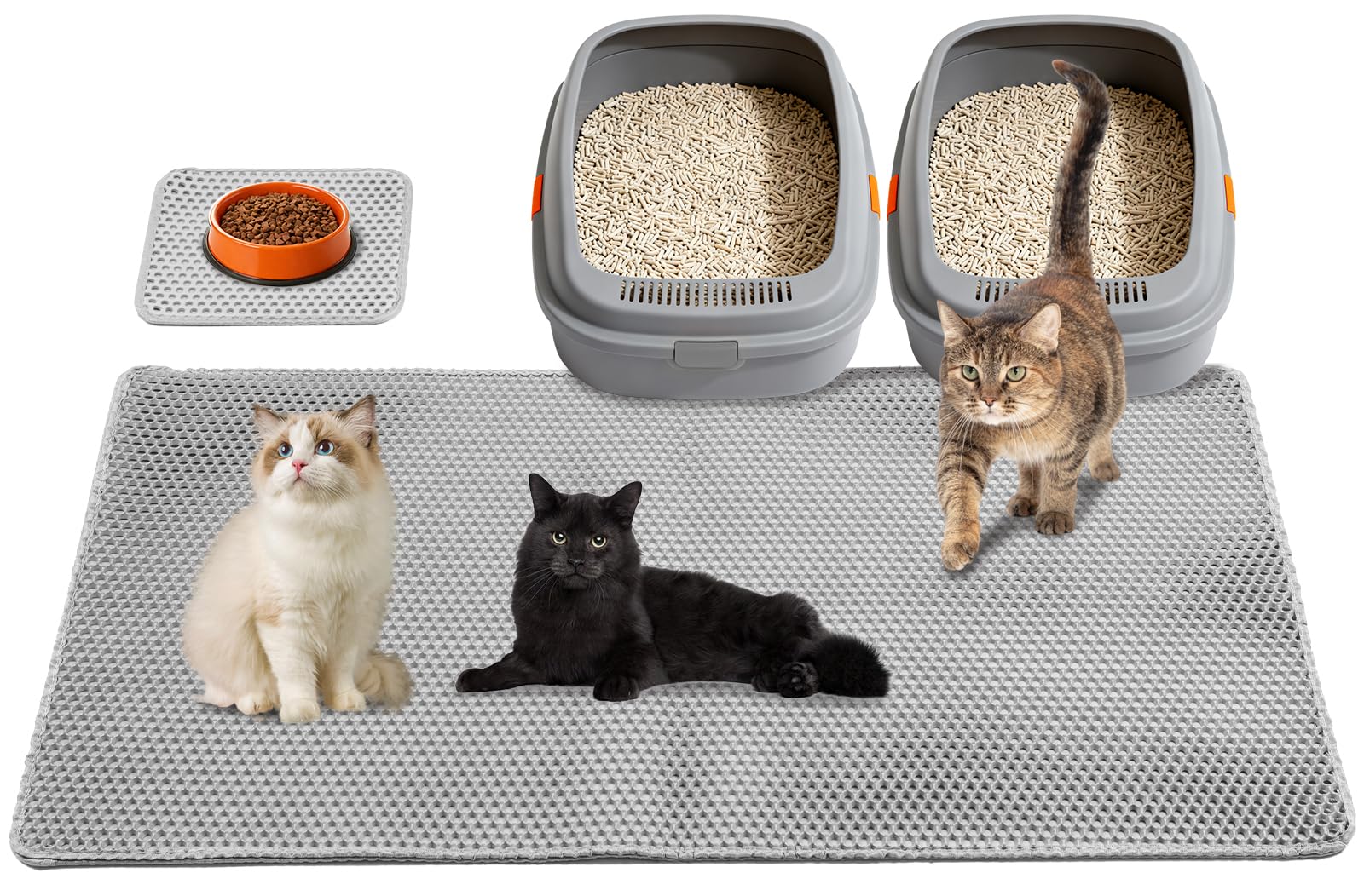 Senyoson Cat Litter Mat 47"x26.5" Extra Large & 12"x12" Small, Double Layer Waterproof Trapping Mat for Home Travel, Non-Slip & Urine-Proof, Soft on Paws, Hold 2-3 Litter Boxes, XXL, 2-Pack(Grey)