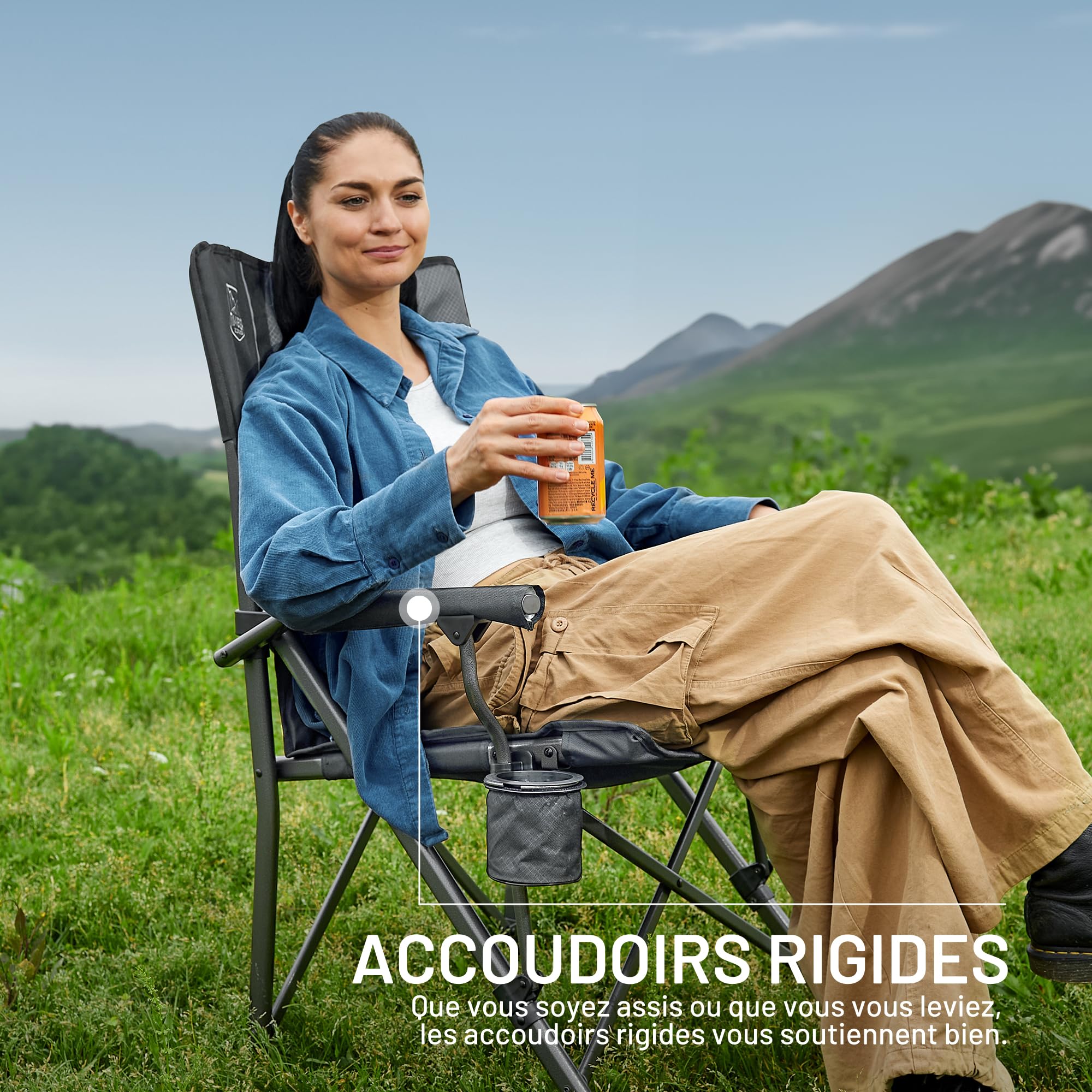 TIMBER RIDGE Chaise de Camping Pliable Dossier Haut avec Accoudoir Dur | Supporte jusqu'à 150kg avec porte-gobelet intégré légère et portable, idéale pour le camping, la pêche et le jardin