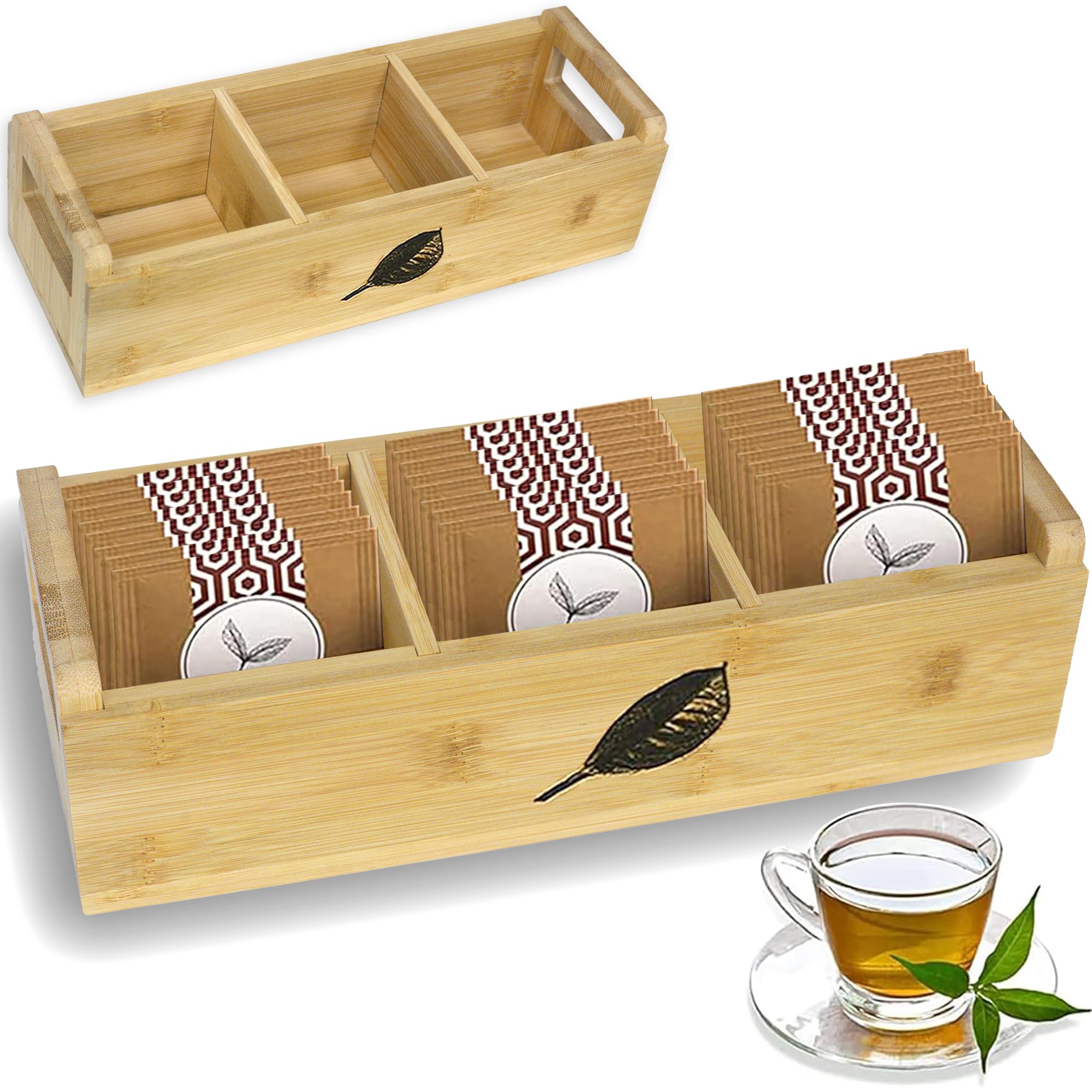 Bamboo Tea Organizer Box Chemical Free Eco-Friendly Big, Tall, Adjustable Cubbies Natural Wooden Storage Chest(3-Slot, Tea Leaf)