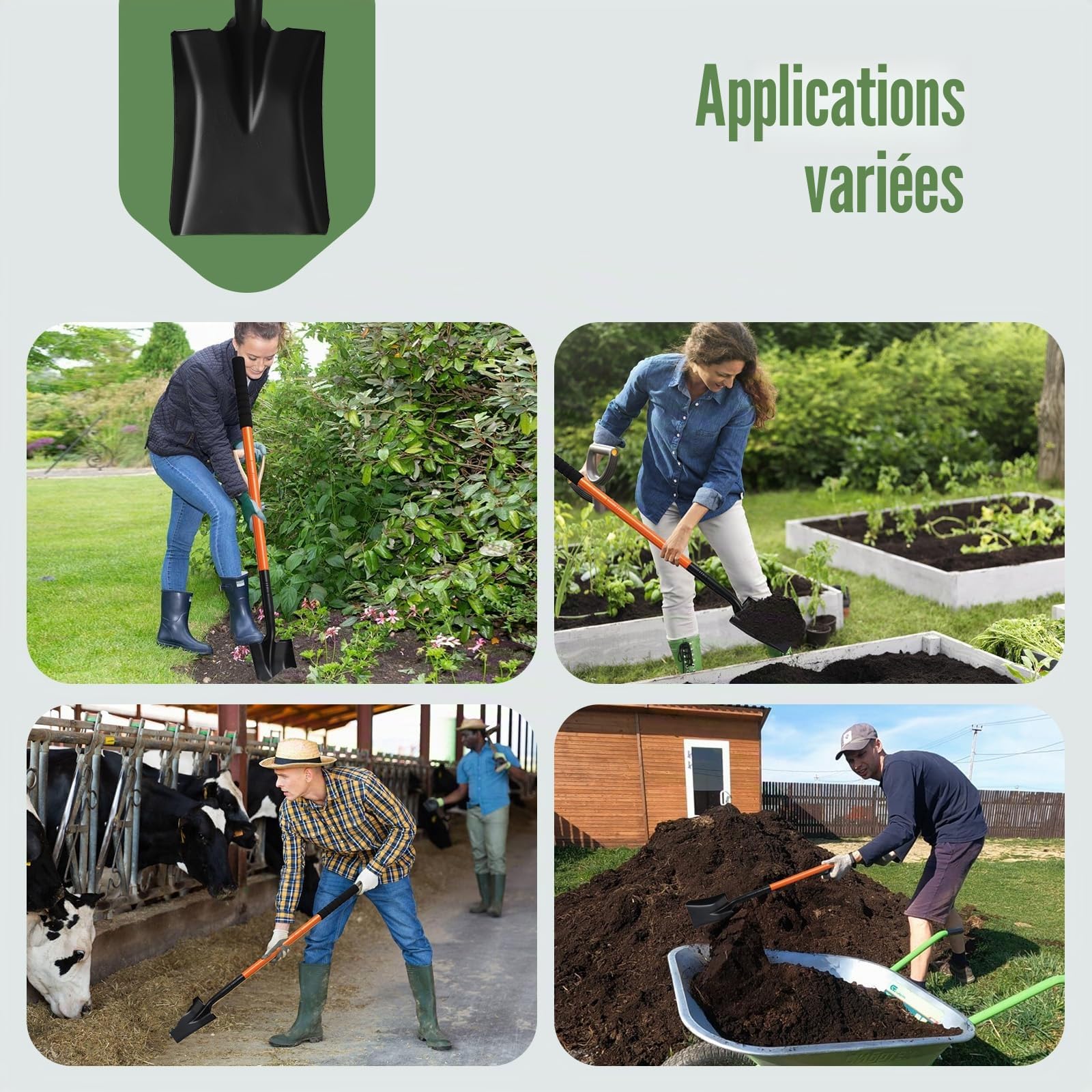 Petites Pelle Jardinage avec Manche en Acier Inoxydable de 110 cm, pelles en métal détachables très résistantes pour Le Jardinage, Le Camping et Le creusement de tranchées, Noires