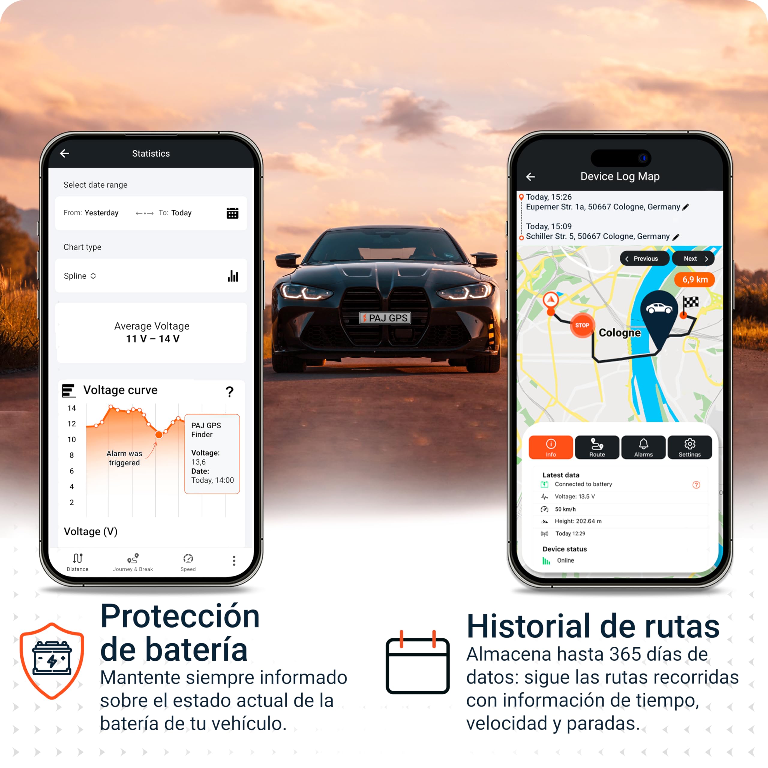 PAJ Vehicle Finder 2.0 - Localizador GPS para Coche, Moto y Otros Vehículos - Conexión Directa a Batería - Seguimiento en Directo, Historial de Rutas y Alarmas (4G - Cable conexión 1.5m)