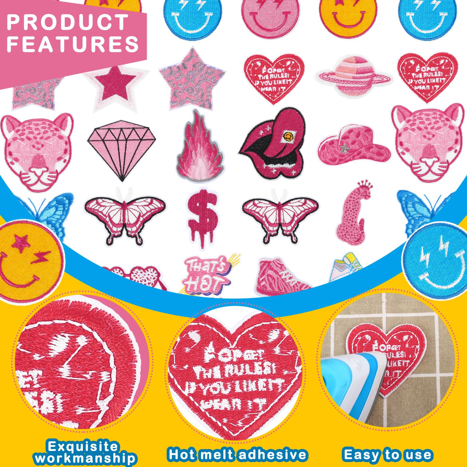 UNION SUPPLY ピンクステッチ Amazon.com: 48 Pcs Pink Preppy Iron on Patches for Girls Cute