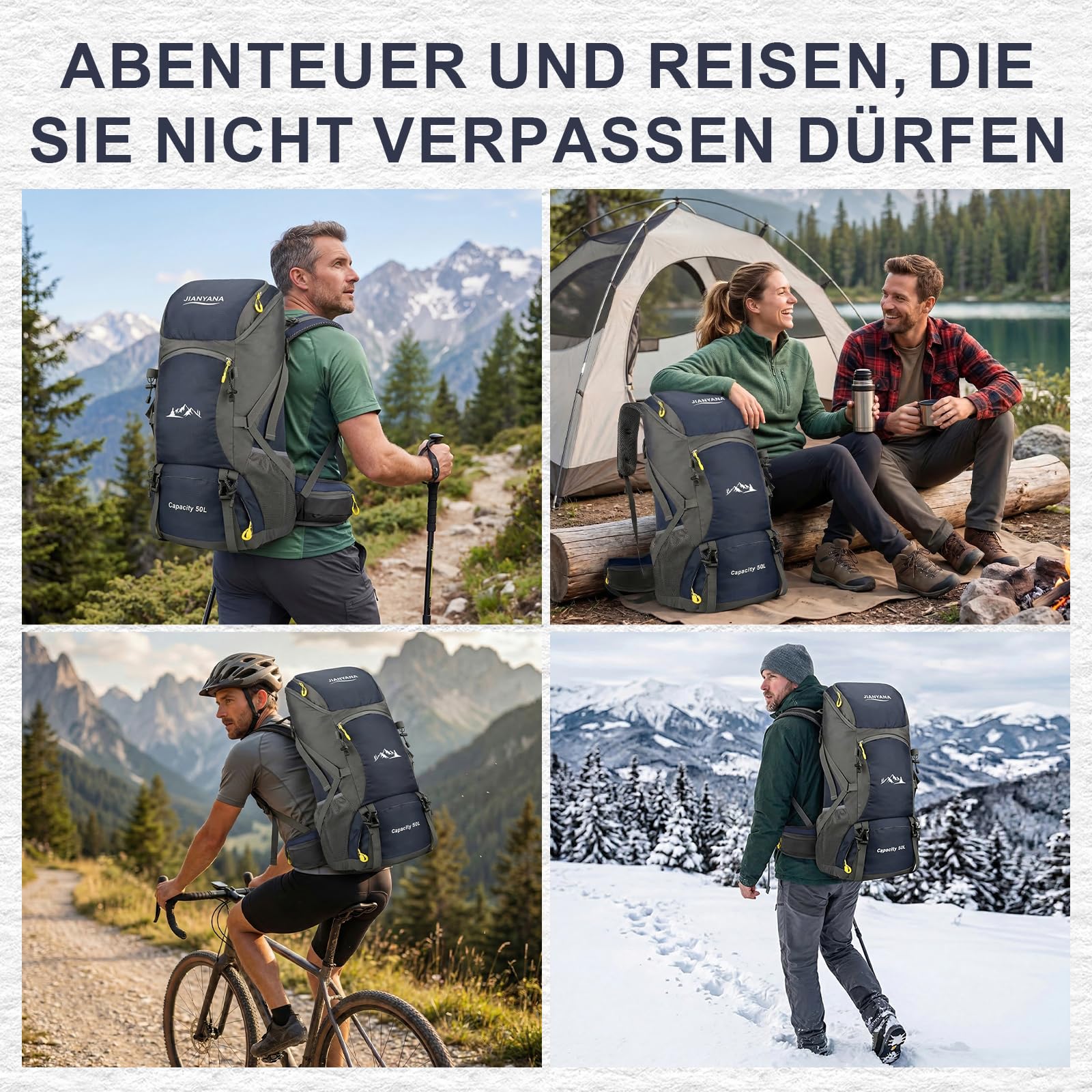 jianyana Wanderrucksack 50L Trekkingrucksack Regenhülle Reiserucksack Wasserdichter Campingrucksack für Wandern Camping Bergsteigen Reisen Sport Herren Damen