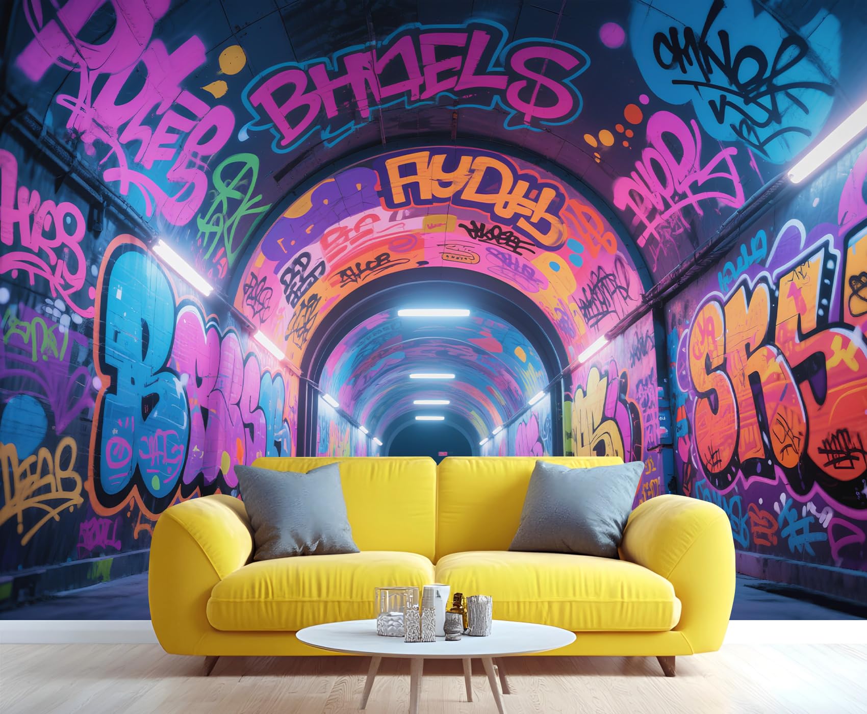 Graffiti Tapete Wandbilder, Neon Graffiti Schlafzimmer Tapete, Street Art Wandpapier für Wohnzimmer, nicht selbstklebende Tapete, Hip Hop großes Wandbild & Raumdekor 350 x 250 cm
