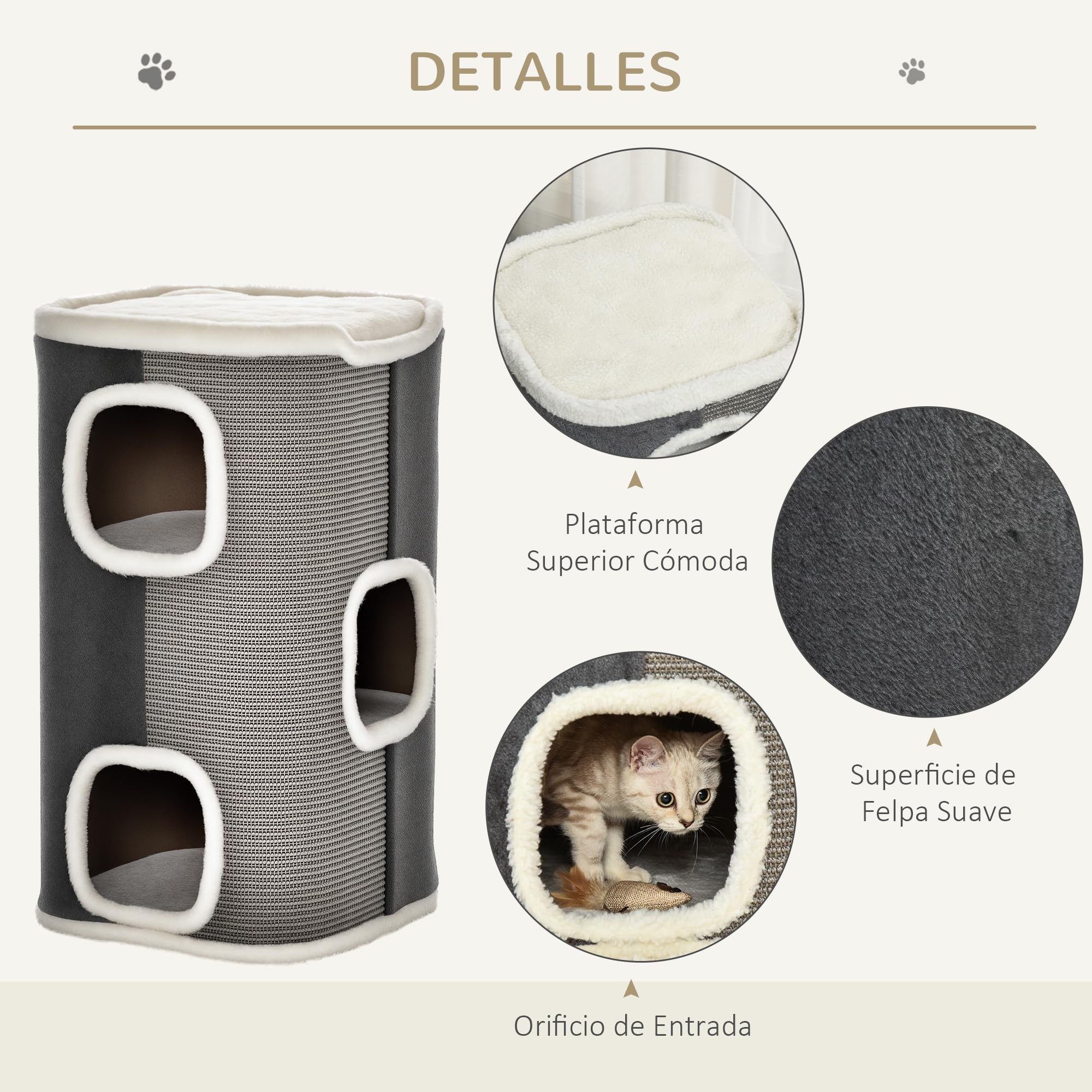 PawHut Barril Rascador para Gatos 74 cm de Altura Tonel de Escalada con 3 Cuevas de Sisal y Felpa Plataforma de Lana 40x40x74 cm Gris | de Sisal, Felpa Suave, Plataforma de Vellón