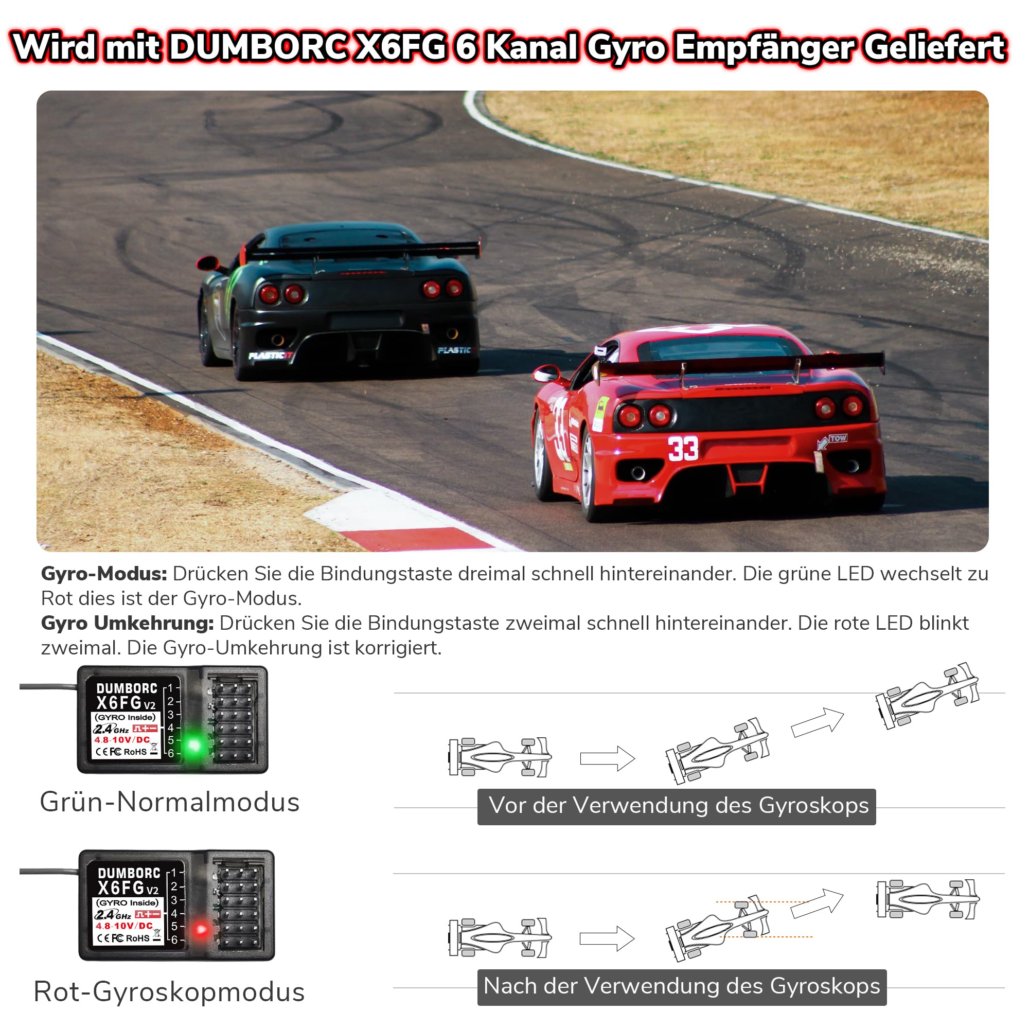 DUMBORC X6PM-350 2,4GHz 6CH Mini RC Funksender mit X6FG Gyro Empfänger | Niederspannungsalarm, Ausfallsicherungsfunktion, gemischter Modus für RC Fahrzeuge, Autos, Boote, Panzer