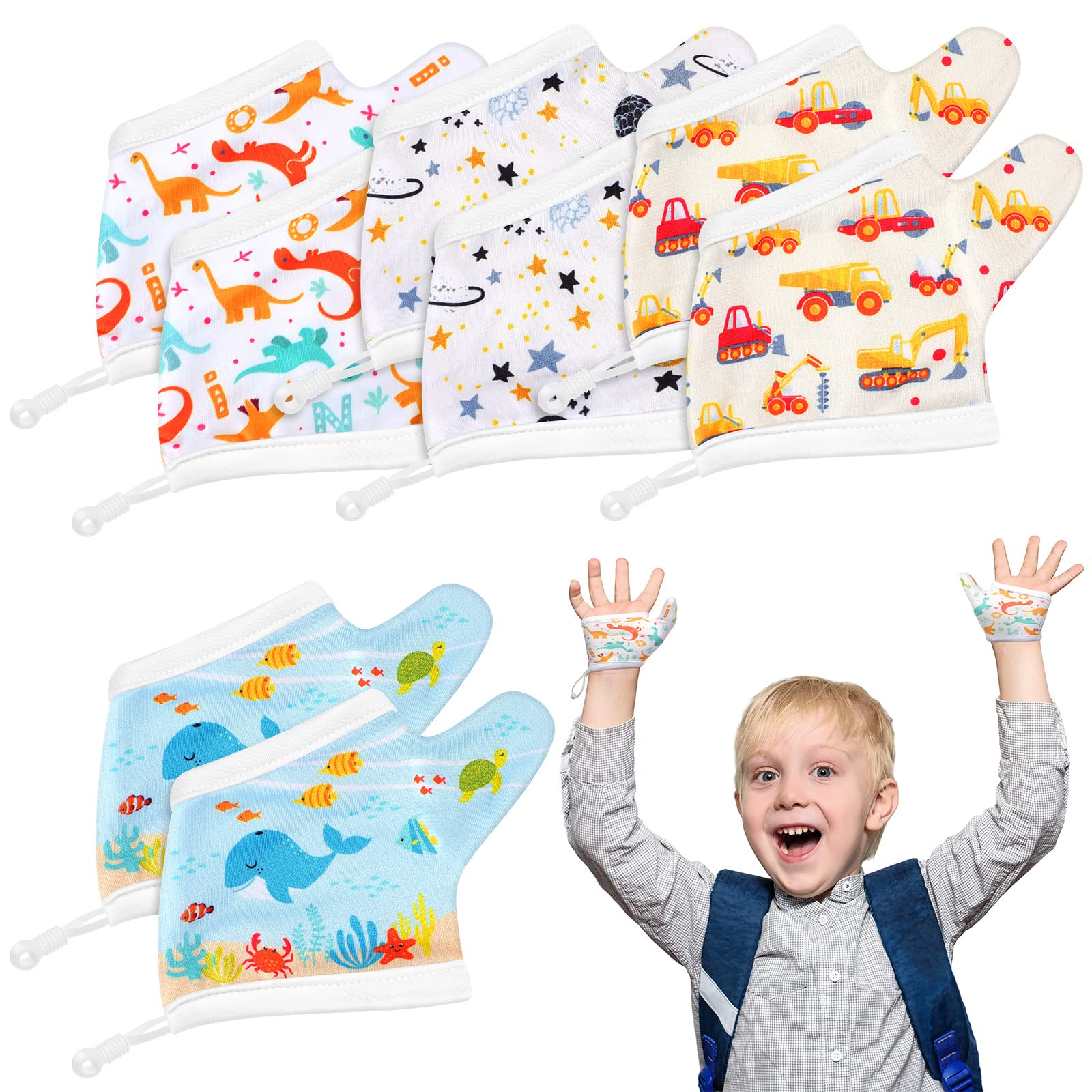 Seematn 4 Pairs Thumb Sucking Stop for Kids Breathable Thumb Suck Guard for Baby Toddler Stop Sucking Fingers Nail Biting Gloves(3-6 Years,Dinosaur)