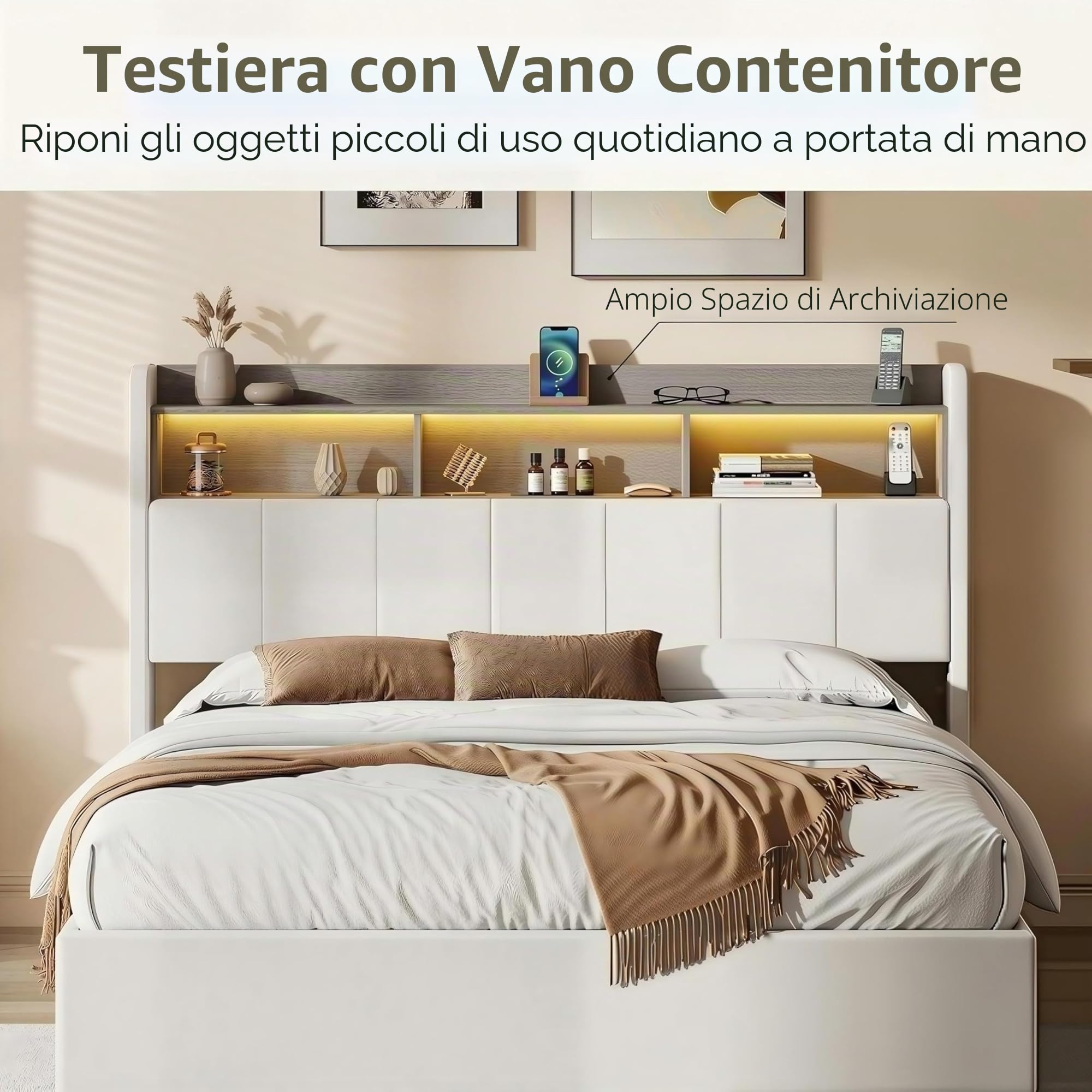 Letto Imbottito 160 x 200 cm, Letto Matrimoniale con Contenitore, letto una Piazza e Mezza, con LED e Ricarica USB, Letti con Rete a Doghe, Testiera con Vano Portaoggetti, Velluto, Bianco