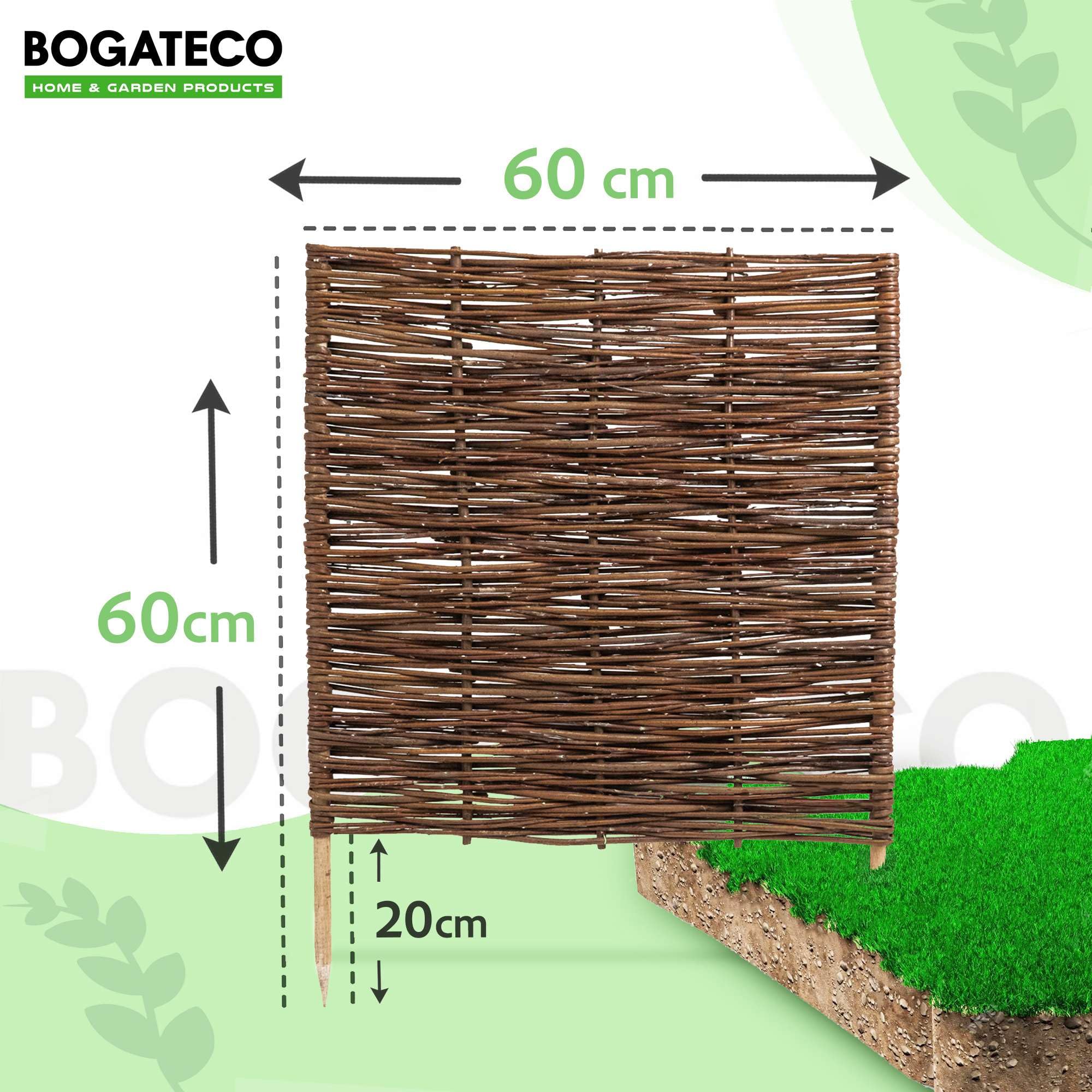 1 x BOGATECO Beeteinfassung aus Weide | 60 cm Lang & 60 cm Hoch | Holz-Zaun Rasenkante | Weiden-Zaun Steckzaun Perfekt für den Garten als Weg-Abgrenzung | Beetumrandungen | Dekorative Zäune