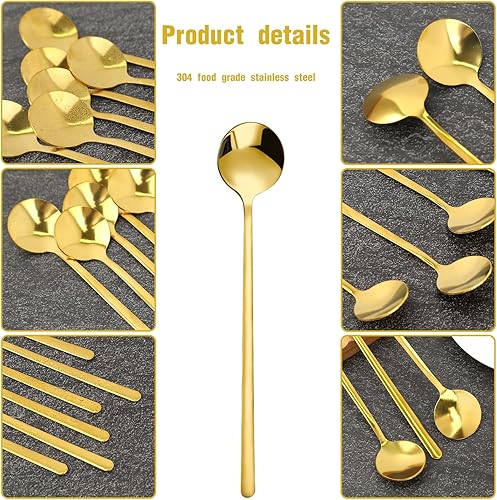 Miniatura 2 de 6 cucharas de café pequeñas, cucharaditas pequeñas de oro, cucharas largas para revolver, cucharas de té de acero inoxidable, cucharas redondas de