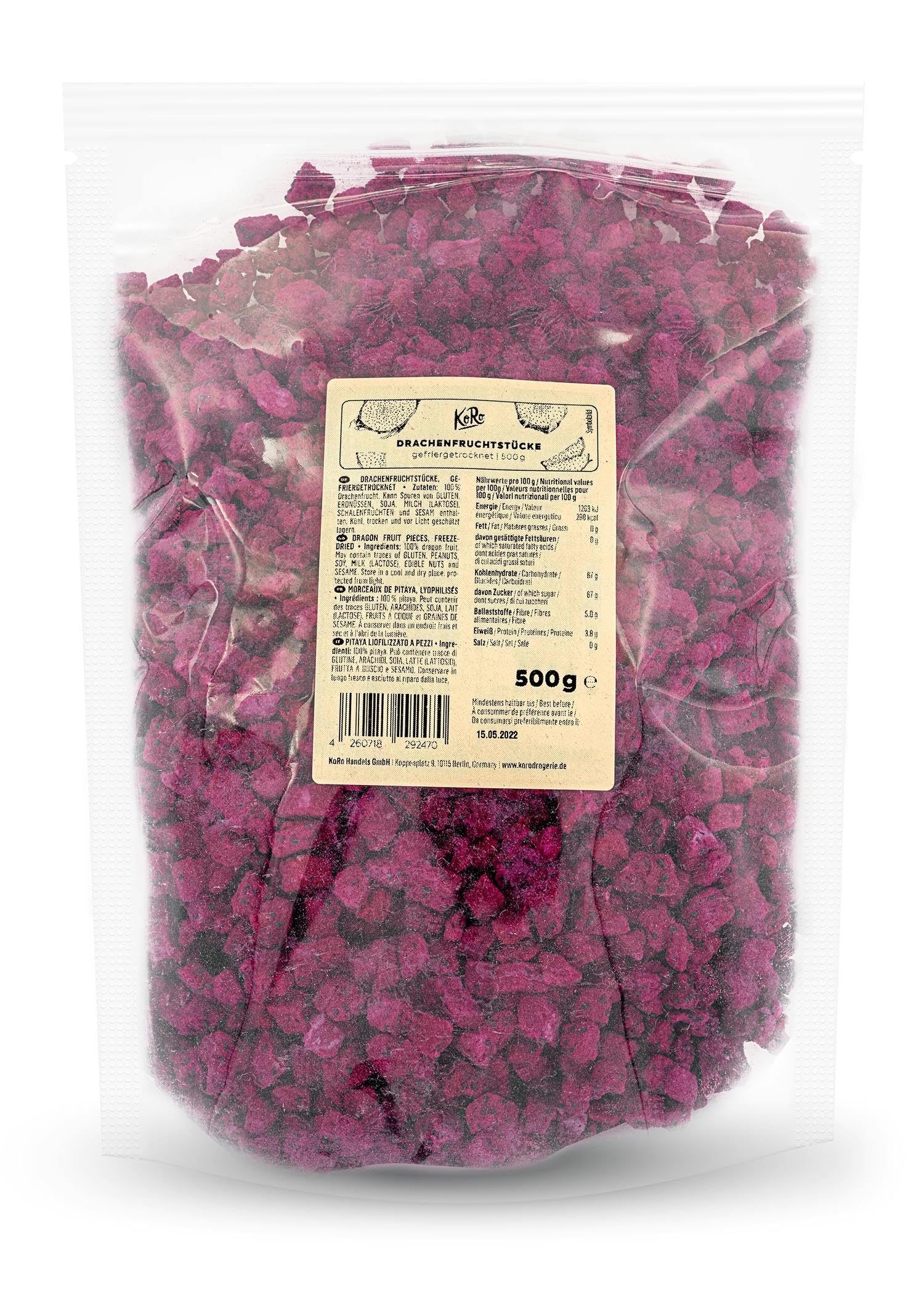 KoRo - Gefriergetrocknete Drachenfrucht 500 g - 100 % Frucht - Intensiver, fruchtig-süßer Geschmack - Ideales Bowl-Topping