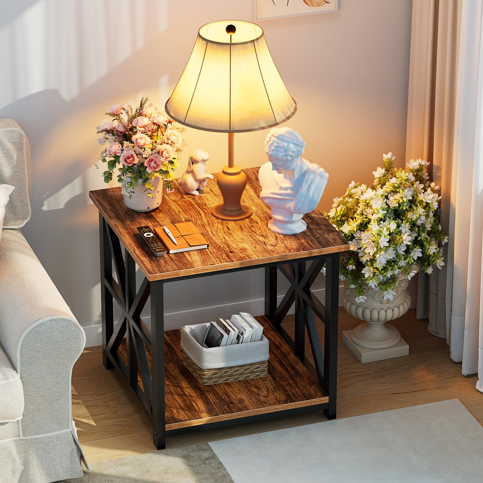 GreenForest Eindtafel met 2-Tier Opbergplank, 50cm Bijzettafel voor Woonkamer, Modern Nachtkastje voor Slaapkamer Bed Kantoor Boerderij, Grey Wash