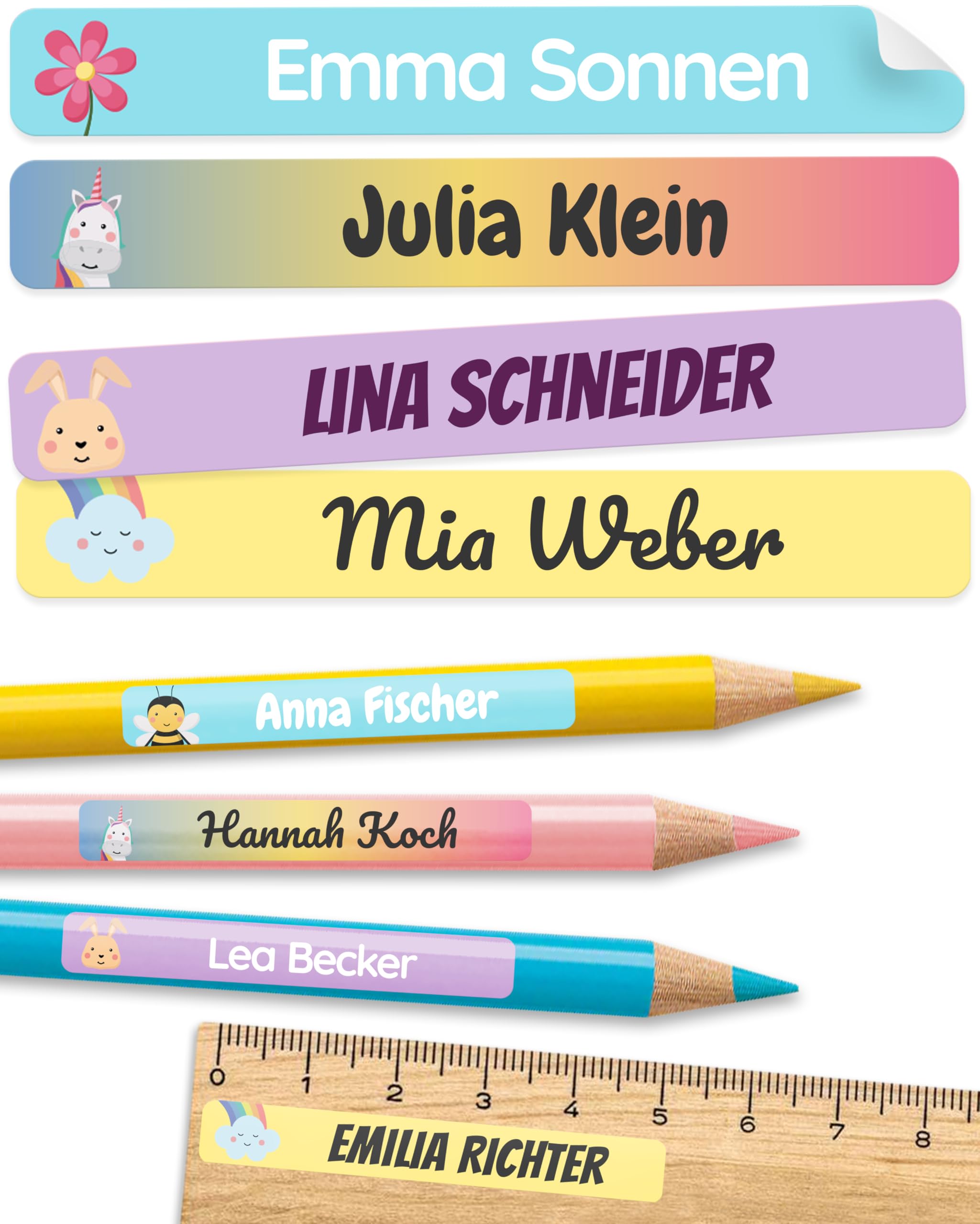 melu kids® Namensaufkleber Kinder für Schule & Kita (75 Stück) - Personalisierte Aufkleber mit Namen für Stifte und alle Schulsachen - Wasserfest in Spülmaschine (Bonbon)