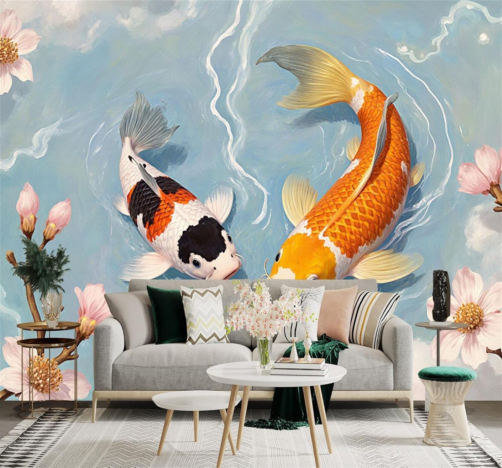 Xlming 250Cm×170Cm(B×H) Colourful Koi Blue Water Cherry Blossoms Clouds 3D Wallpaper Premium Textured Silk Study Dining Living Room Bedroom Sofa Tv Wall Easy Install-250Cm×170Cm