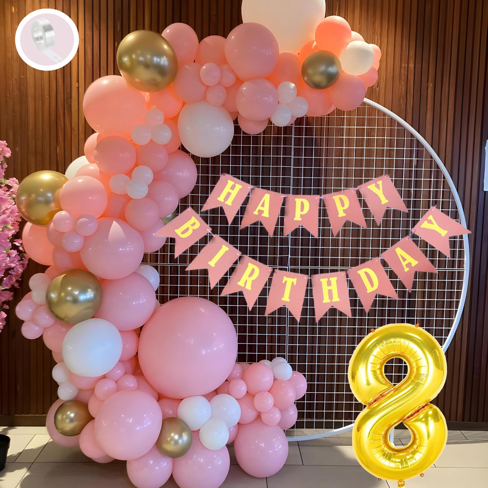 8th Birthday Decoration Items Pink and White Theme Combination for Girls Princes | 30 Pcs Pink White Gold Balloons | Pink Happy Birthday Paper Banner | Arch Tape-image-38