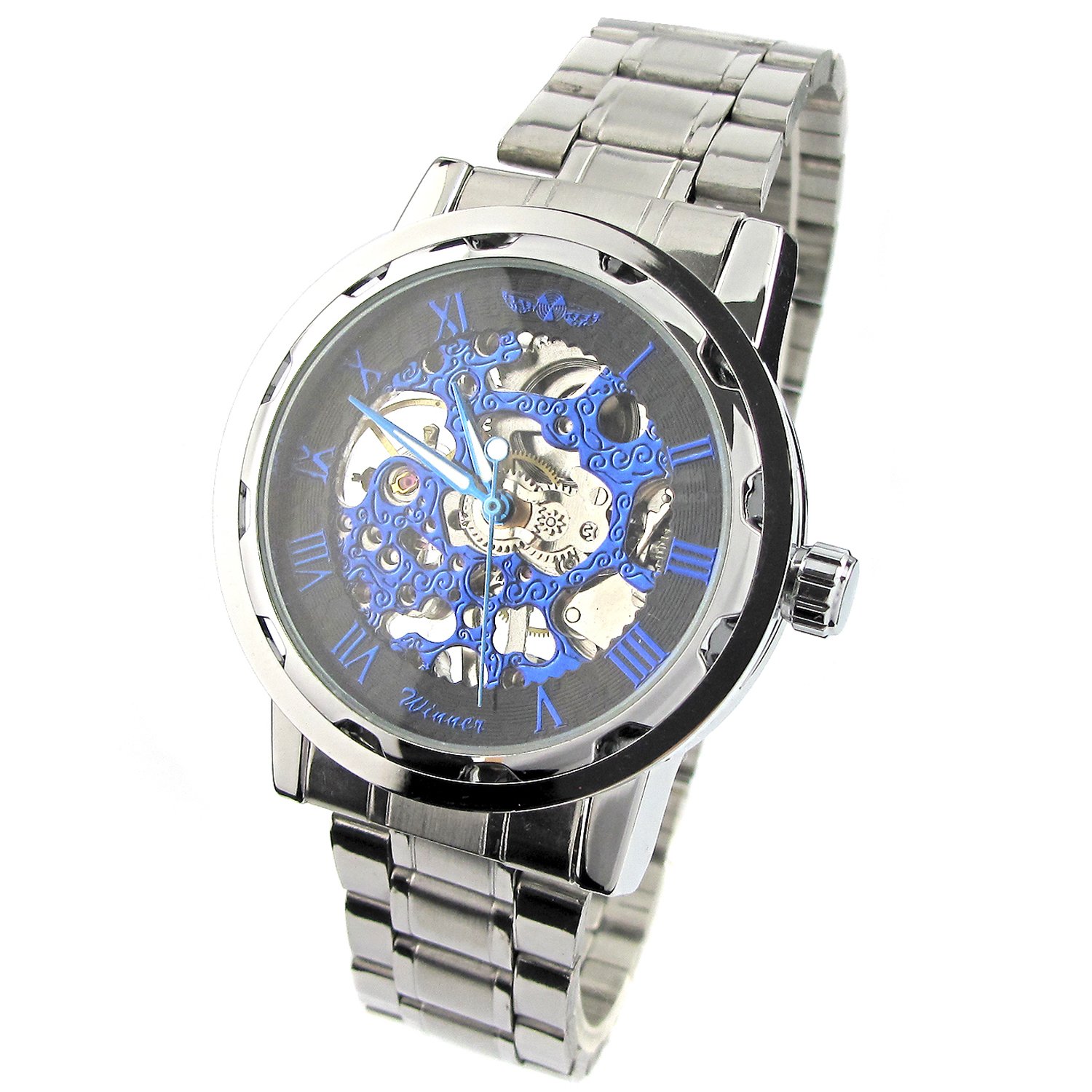 Men's Alloy Strap Wind Round Mechanical Watches (Silver Strap/Black Dial)