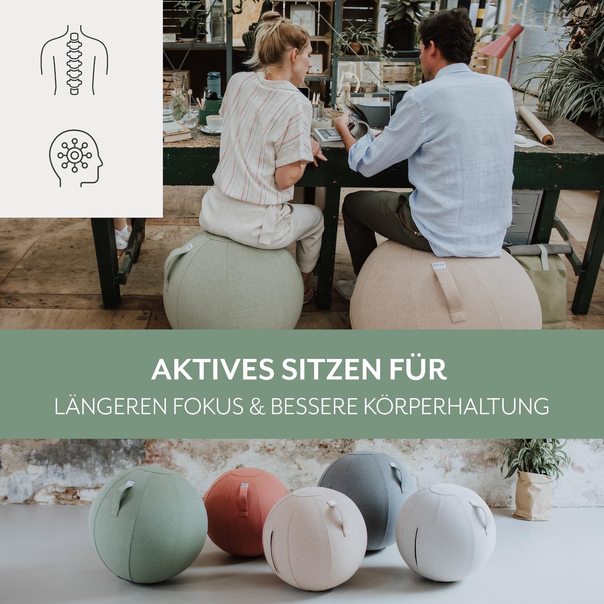 VLUV® BOL SOVA Sitzball Büro ergonomisch - Gymnastikball mit waschbarem Stoffbezug, atmungsaktiv, Tragegriff und Wegrollschutz - für Schwangerschaft und Home Office - Beige - 60cm bis 65cm