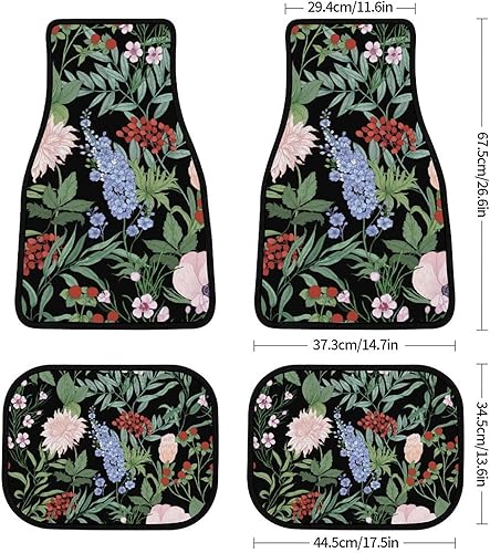 Miniatura 2 de Wildflowers-Black Print - Juego completo de 4 alfombrillas para piso delanterotrasero para automóvil con parte trasera de goma antideslizante y