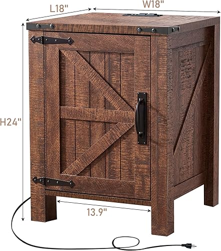 Miniatura 7 de OKD Mesita de noche con estación de carga, mesa auxiliar de 18 pulgadas estilo granja con puerta de granero y estante de almacenamiento ajustable,