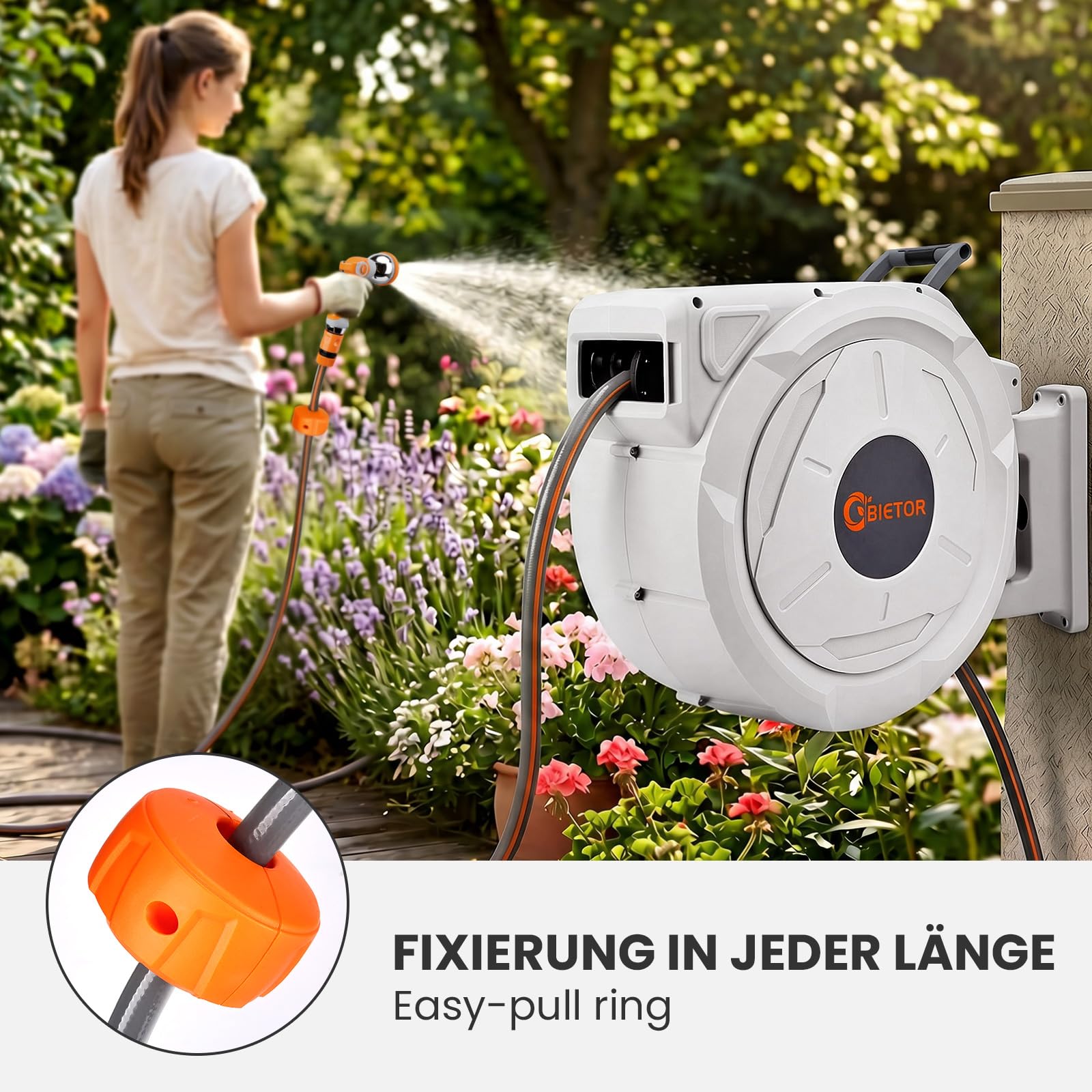 Schlauchtrommel Wasser 45m + 2m, 180° Schwenkbar Wand-Schlauchbox, Automatischer Gartenschlauch trommel mit 10-Funktionen Gartenbrause für Gießen Autowaschen
