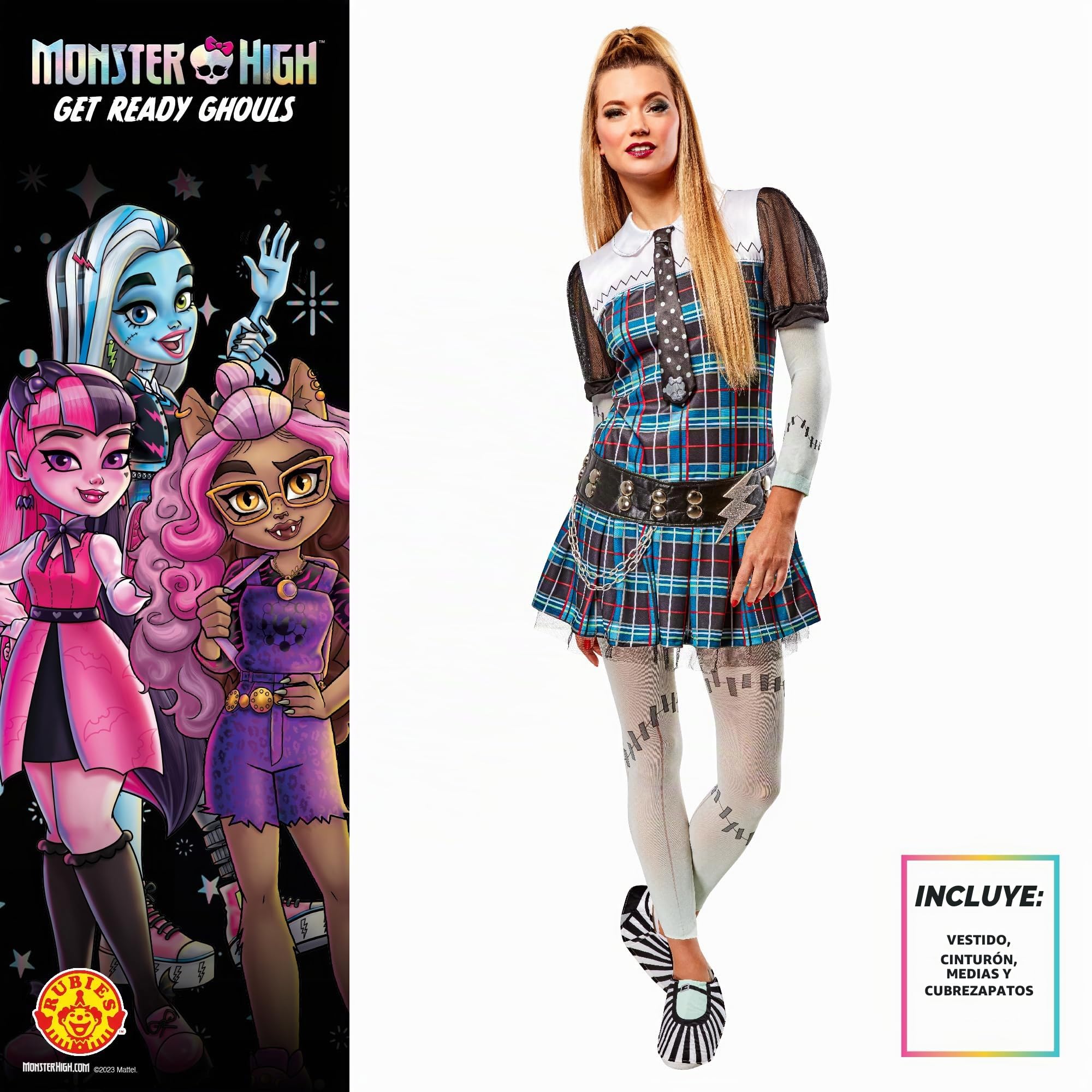 Rubies Disfraz Frankiestein para mujer, Vestido con corbata, presilla, cinturon, medias y cubre zapatos. Oficial Monster High, para Carnaval, Navidad, Cumpleaños, Fiestas y Halloween