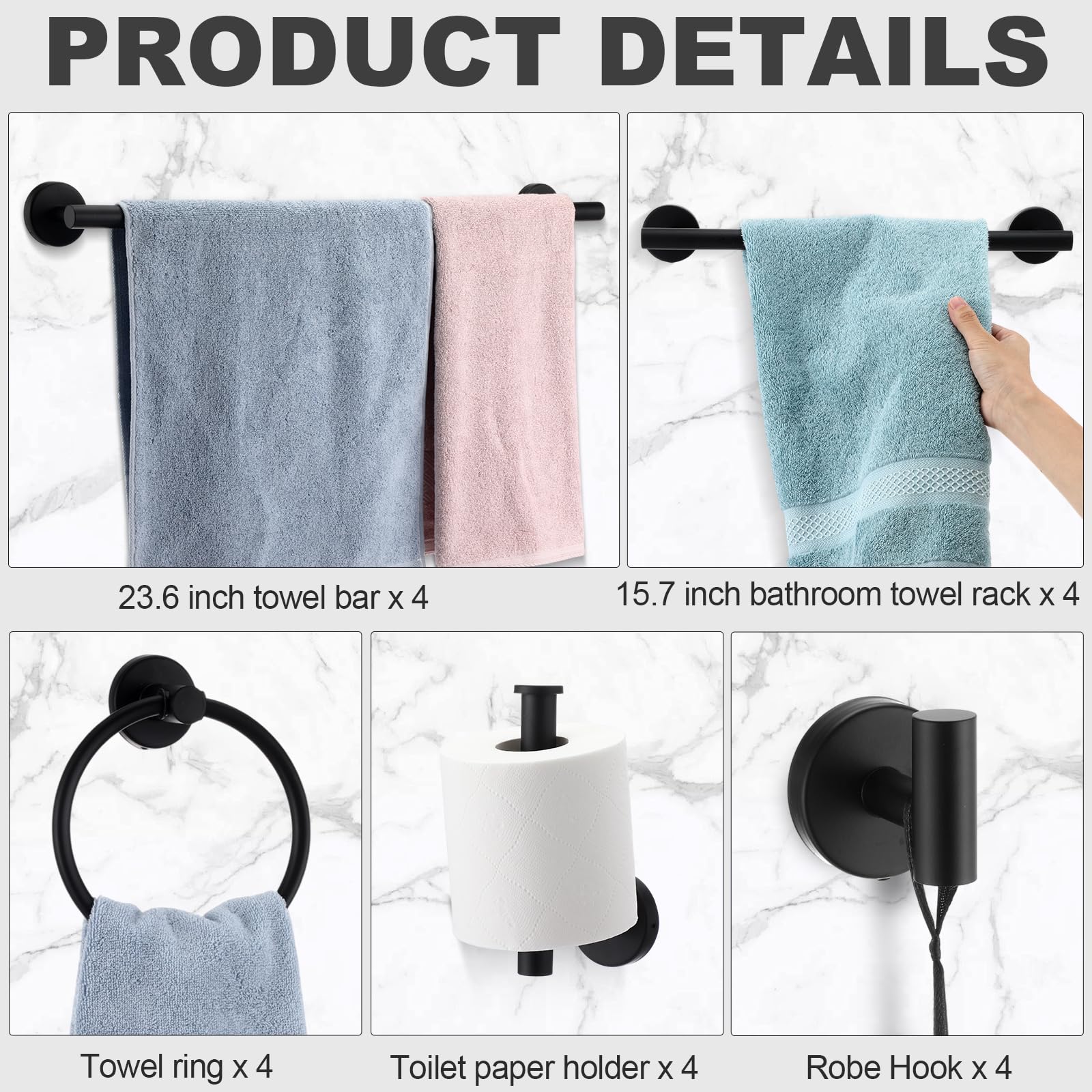 Gisafai Juego de 20 piezas de accesorios de baño, 23.6 pulgadas, toallero cepillado, soporte para papel higiénico, gancho para toalla, gancho para toalla, juego de accesorios de baño de acero