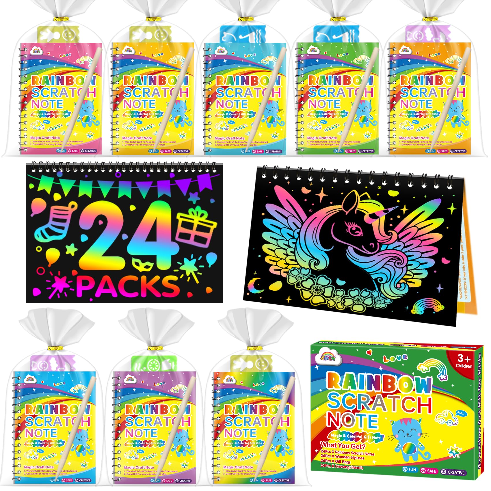 ZMLM 24 Libri Scratch Art Bambini Regalini Kit Disegno, Fogli Arcobaleno da Grattare Craft Notebook con 26 Stilo 24 Stencil Scratch Libri Painting Paper per regalini fine Festa Compleanno Bambini