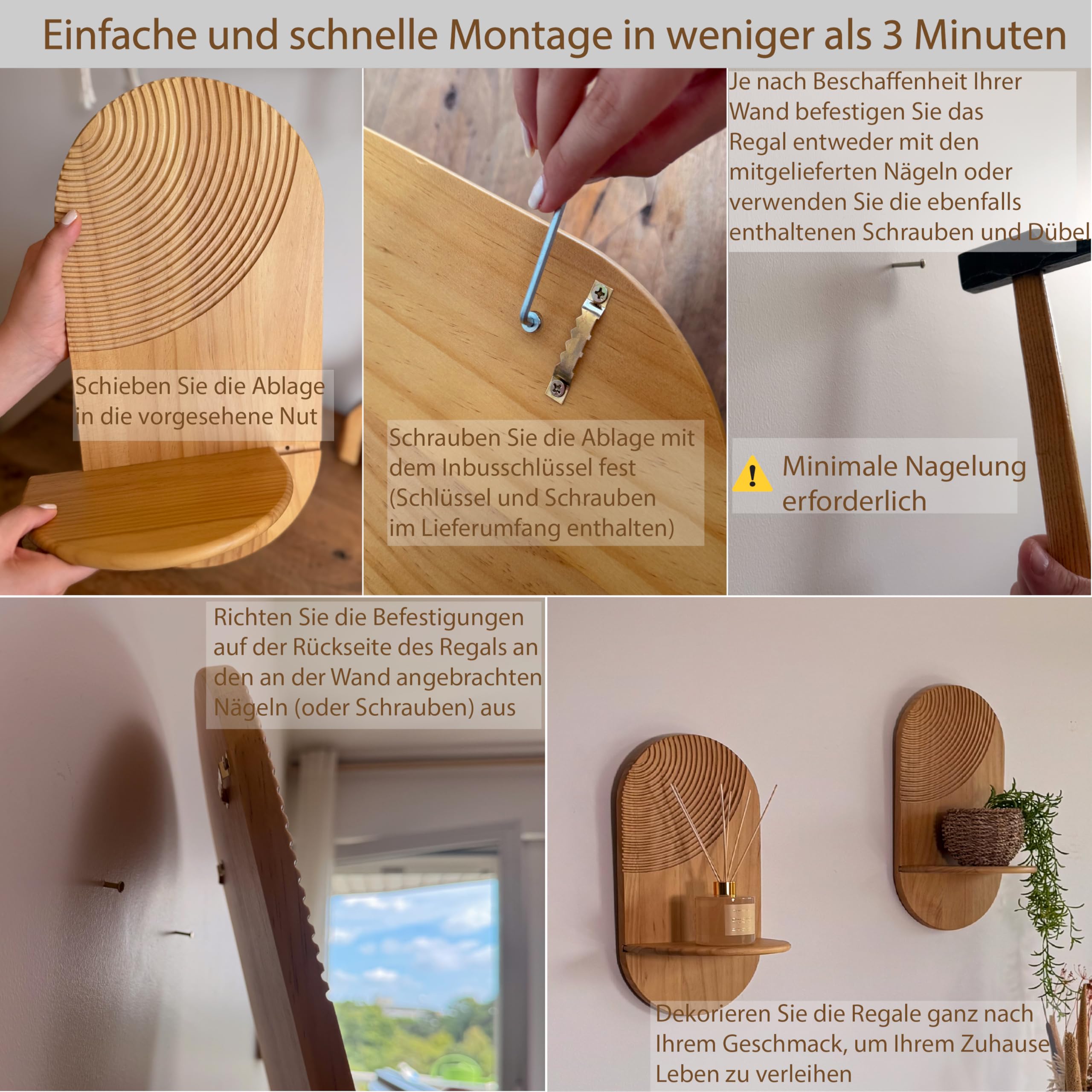 2er Boho Wandregal aus Holz – dekoratives Deko Regal ohne Bohren, Shabby Design, hängend für Pflanzen, Wohnzimmer, Schlafzimmer, Eingang oder Büro – dekorativ & praktisch