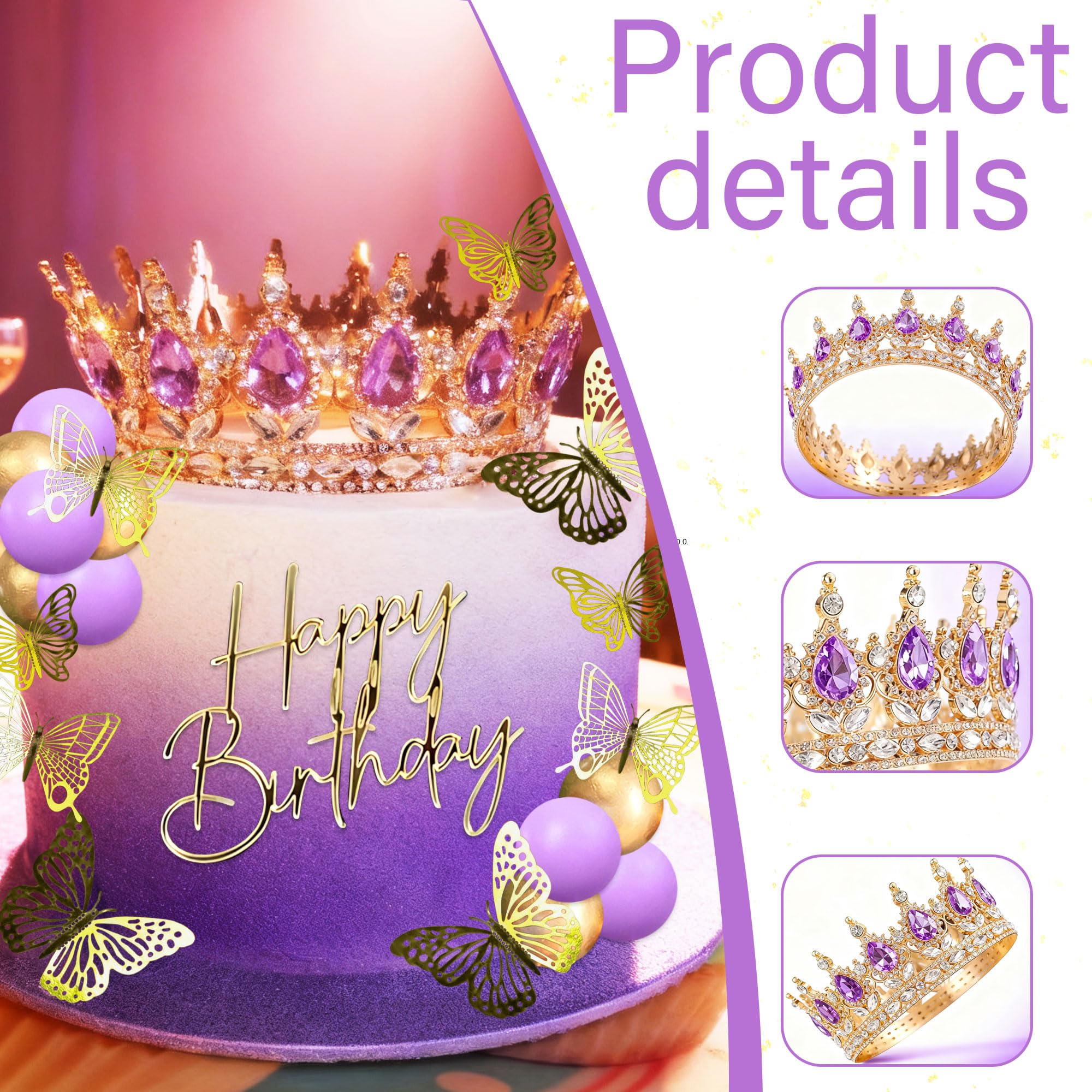 Purple Crown Cake Topper Gold Balls Cake Decor Crown Birthday Gold Butterfly Sign for Birthday Baby Shower - Image 3