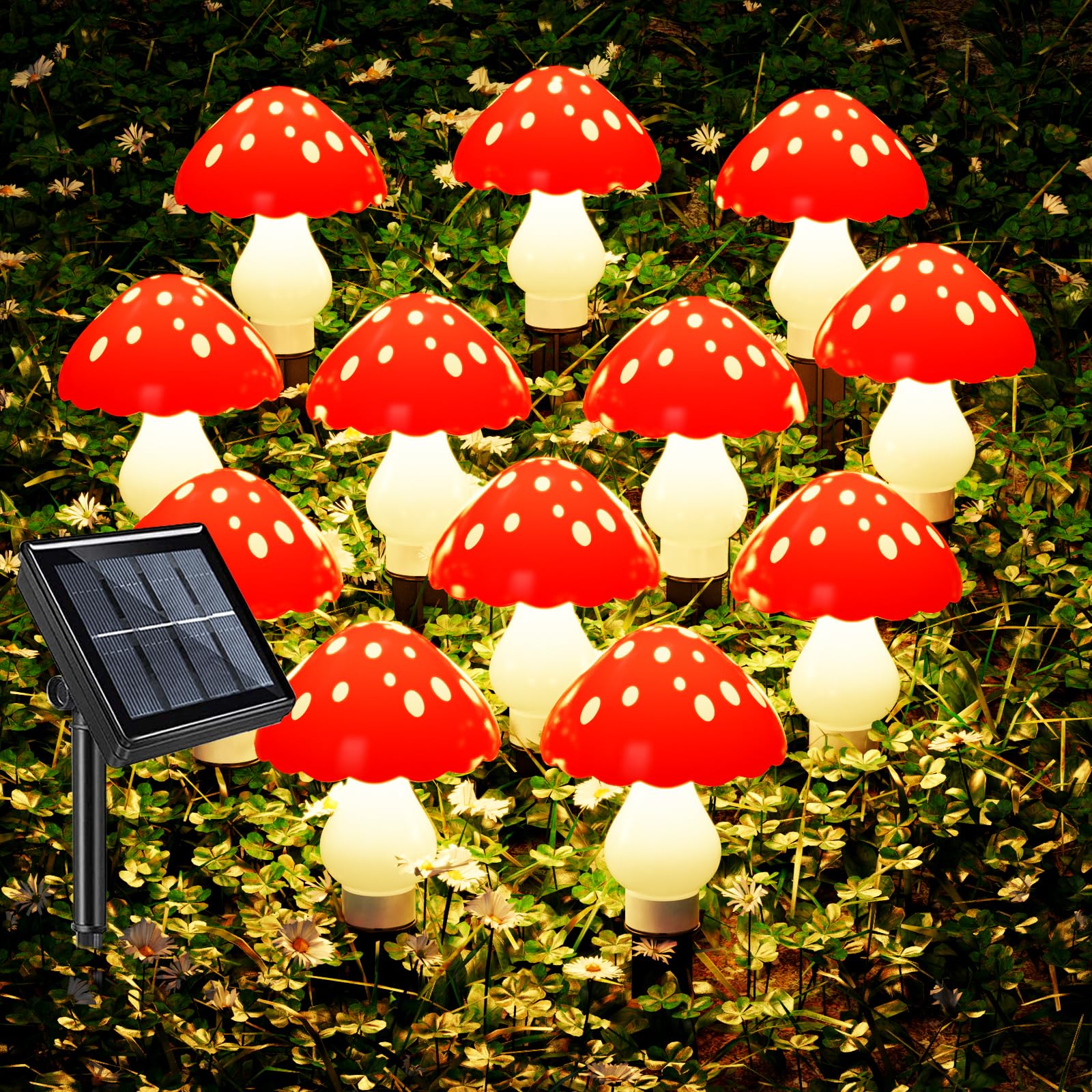 Solar Mushroom Lights Outdoor Garden - 12pcs 8 Modes 24.6ft Waterproof Mushroom Solar Lights Pathway Lights for Yard Patio Path Party Camping Outside Decor (Wave Shape-Red)