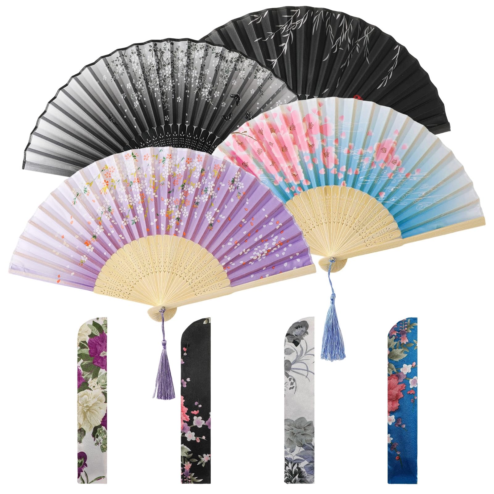 saerryor 4 Pcs Folding Hand Fans Set, Vintage Sakura Silk Bamboo Fans