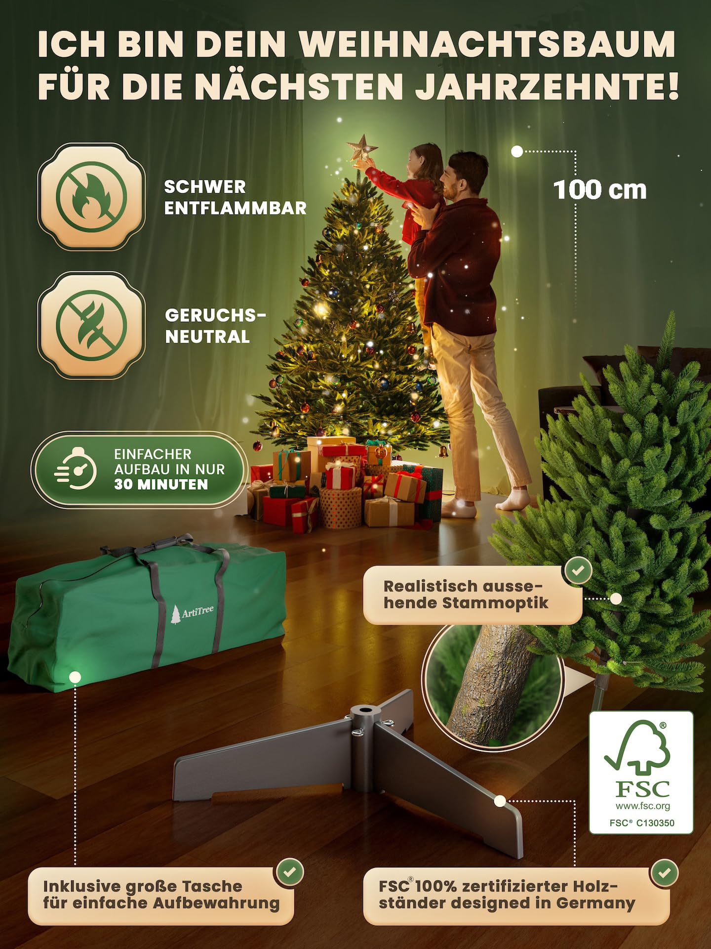Albero di Natale artificiale [100% stampato a iniezione] - Nordman realistico con cima robusta | christmas tree di prima qualità con supporto in legno certificato FSC (100 cm, con illuminazione)