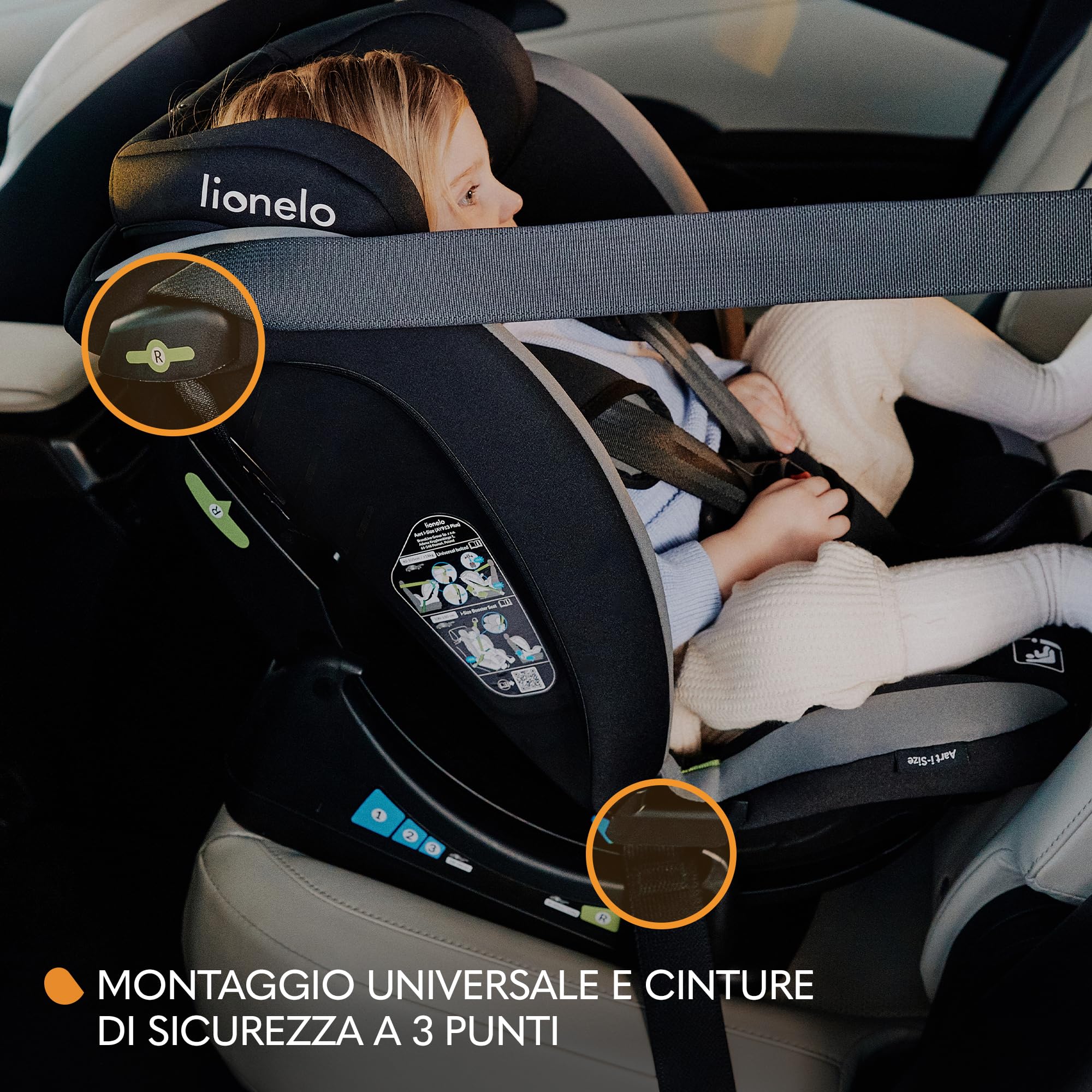 LIONELO AART I-SIZE Seggiolino Auto per Bambini 40-150 cm, Montaggio con Cinture di Sicurezza, Poggiatesta e Schienale Regolabili, Inserto Riduttore e Linguinale, Norma R129 i-Size