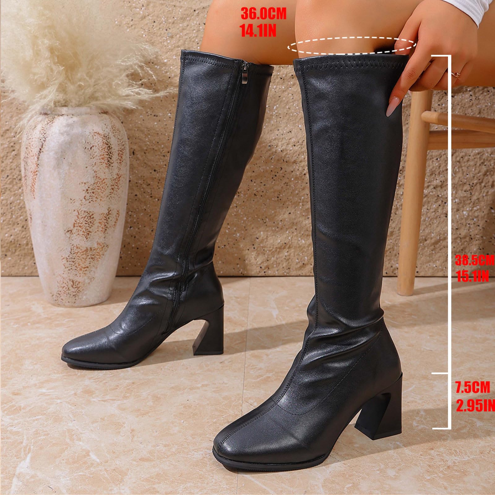 Botas de Vestir Rujer Botas de Mujer Comercio Exterior otoño e Invierno Tela Vaquera con tacón Grueso y tacón bajo y Altas