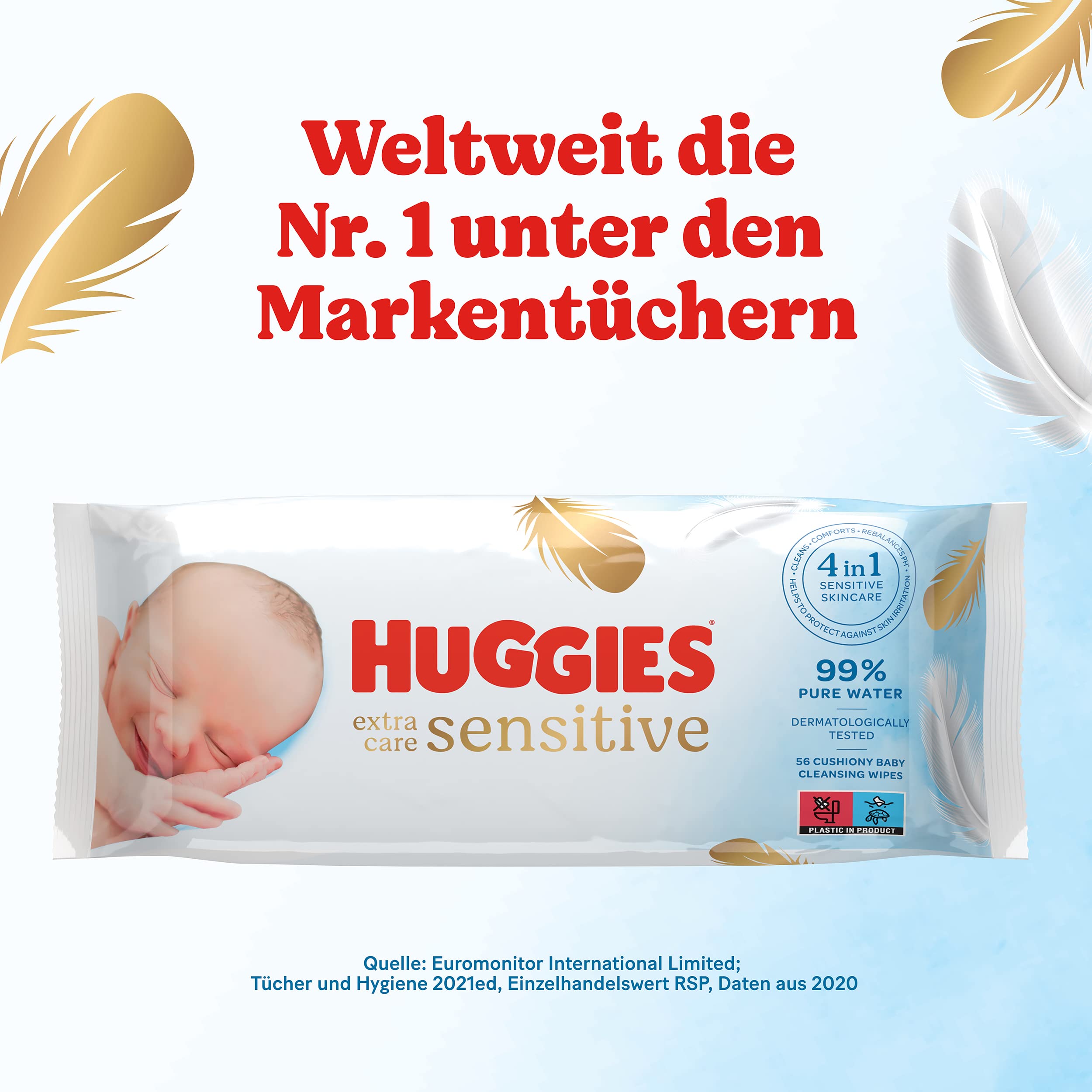 Huggies Pure Extra Care Sensitive Baby-Feuchttücher, Für den ganzen Körper, 99% reines Wasser, Parfümfrei, 8 x 56 Tücher, Monatsbox