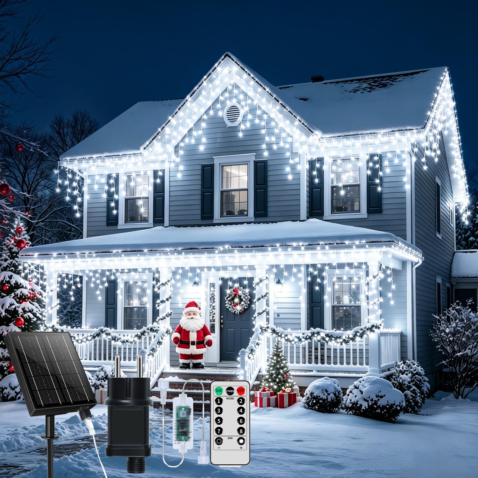 RJEDL Solar Outdoor Christmas Icicle Lights Mains Powered, 25M+5M/98.5ft 800 LED Waterproof Icicle Fairy Lights with 8 Modes Remote Control and Dimmable, Plug in String Lights for Outdoor Decor