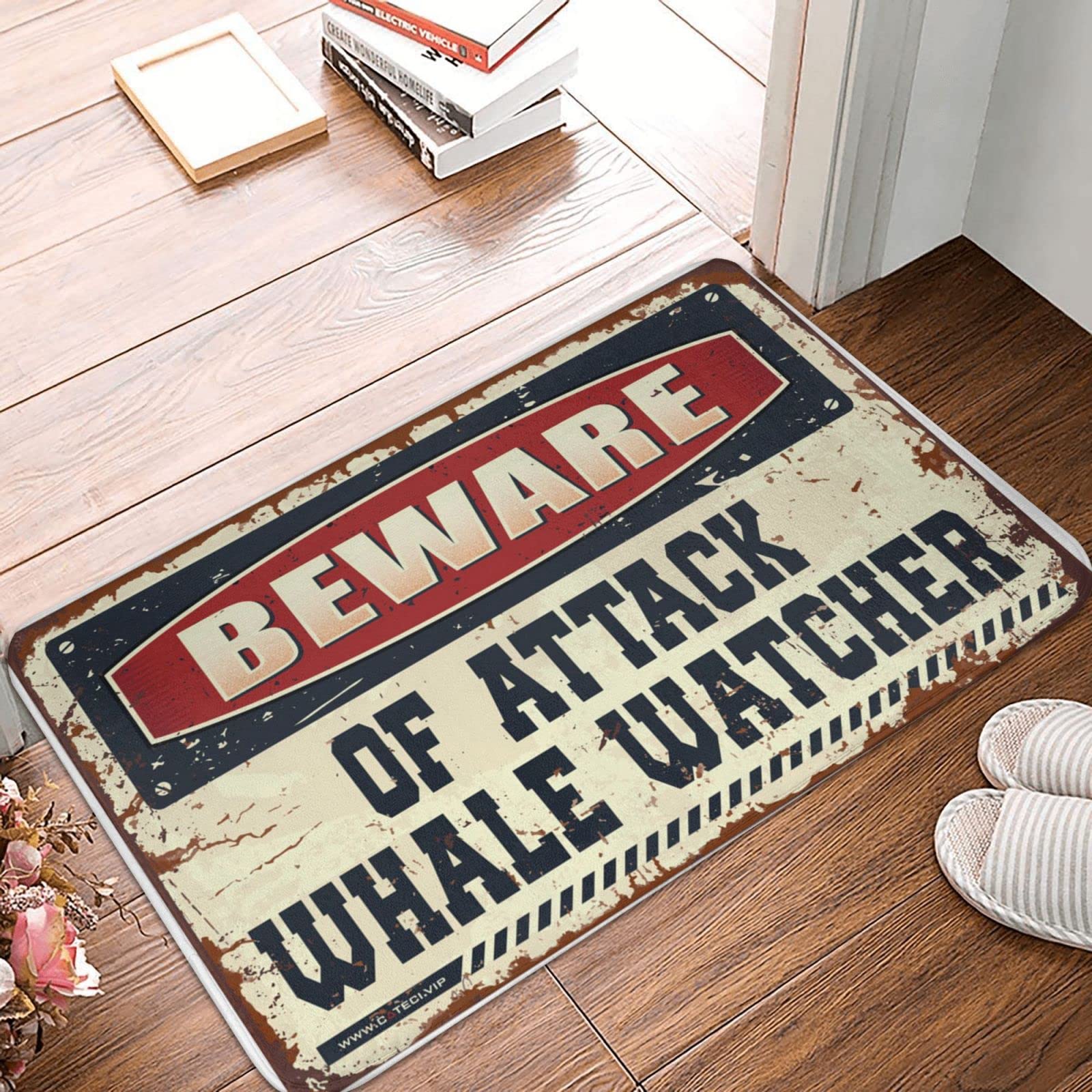 Dsoluuing Zerbino per porta d'ingresso con scritta "Beware of Attack Whale Watcher", tappetino di benvenuto per porta d'ingresso (dimensioni: 65 x 90 cm)
