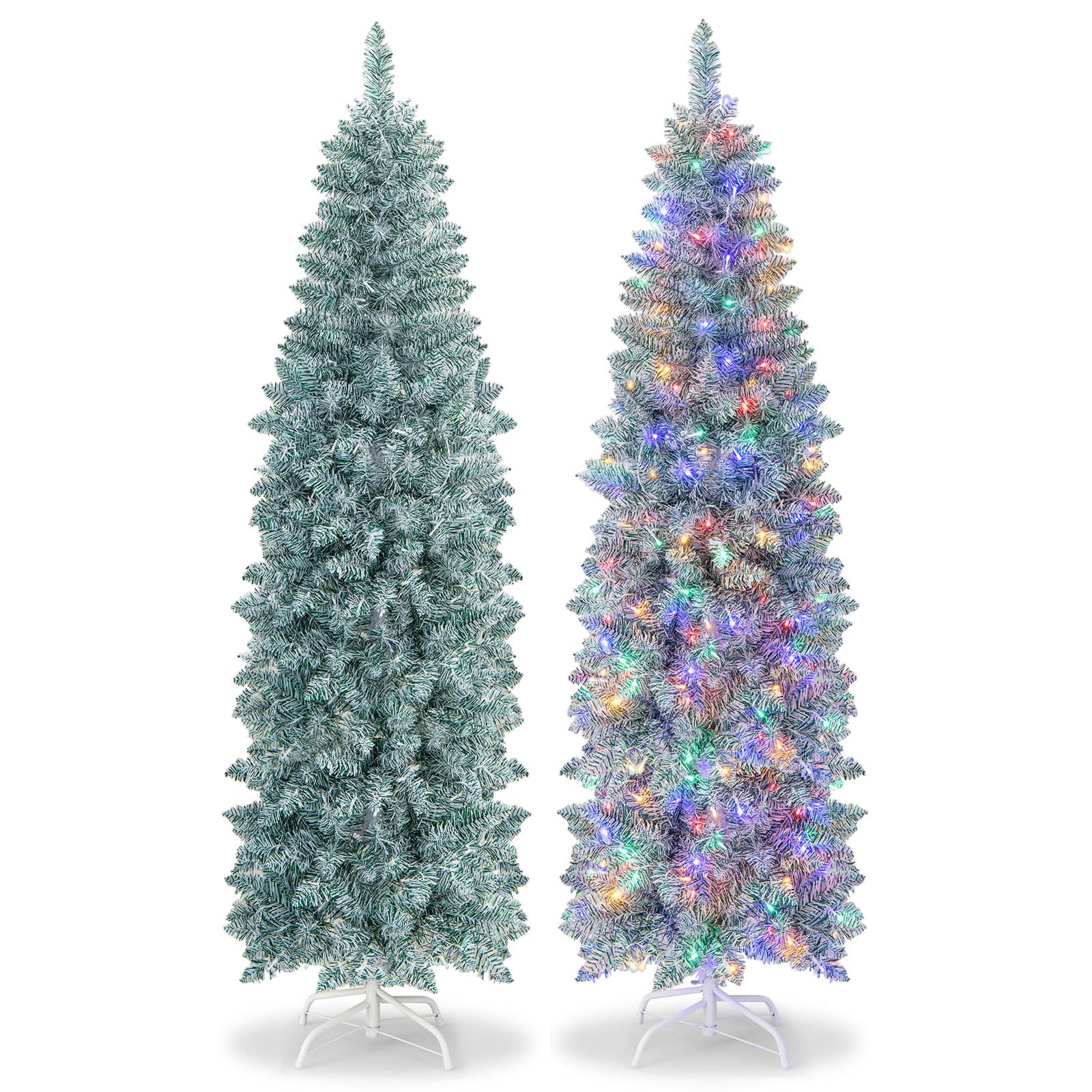 COSTWAY 180cm künstlicher Weihnachtsbaum Bleistift, LED Tannenbaum mit Beleuchtung, schlanker Christbaum mit mehrfarbigen Lichtern, Kunstbaum mit Metallständer für Weihnachten, Grün+Weiß