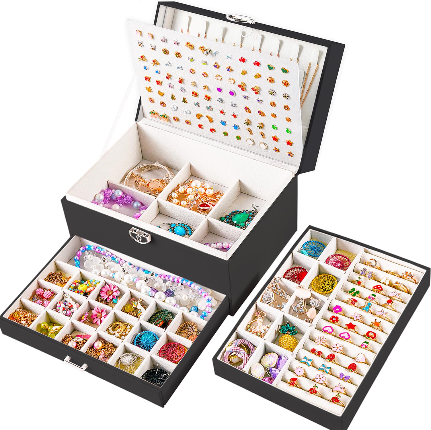 Earring Jewelry Box for Women Girls Stud Organizer 5 Layers Black Jewelry Organizer Box With Lock Necklaces and