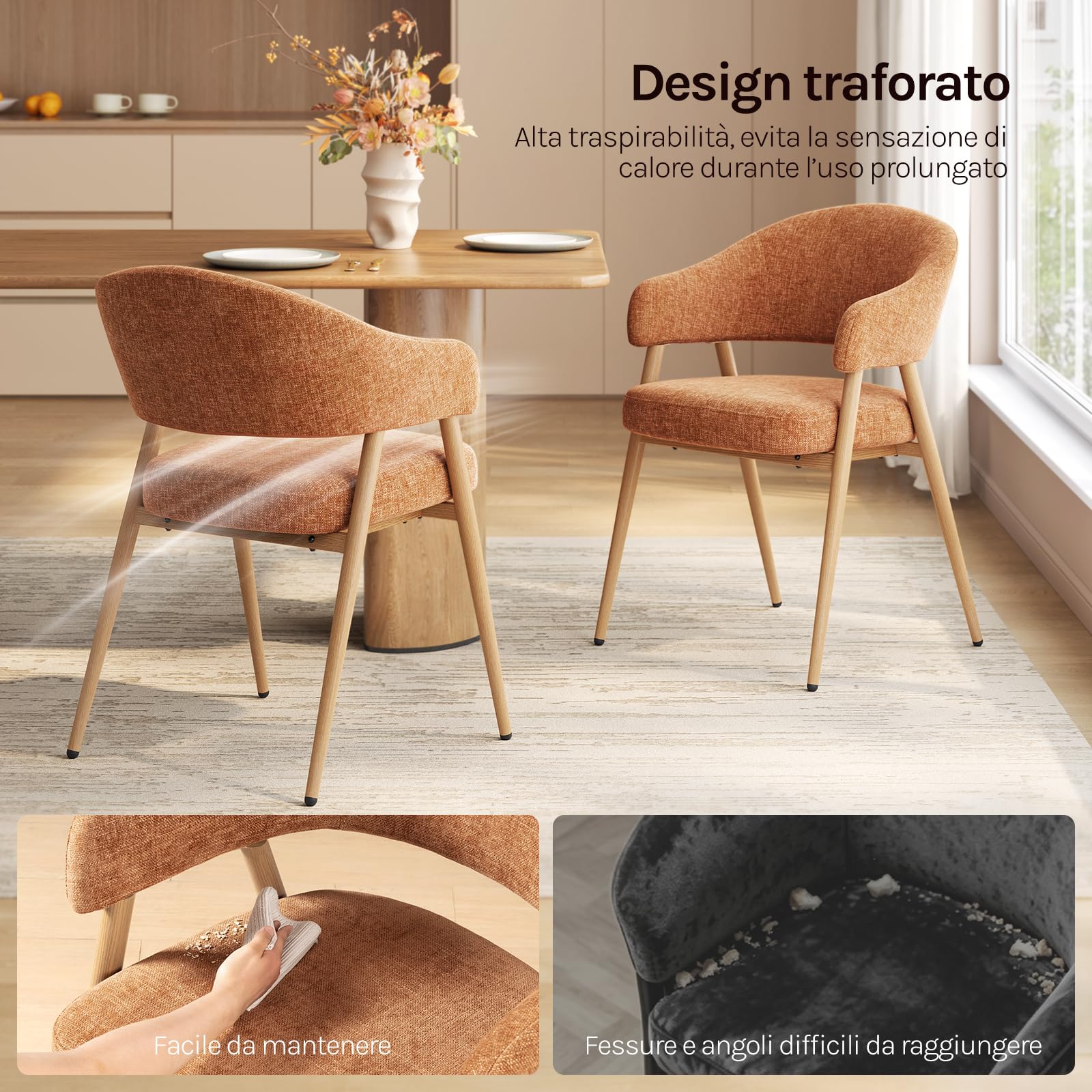 WOLTU Set di 4 Sedie Cucina, Sedie Ergonomiche con Braccioli, Marrone | Schienale Traforato, Gambe in Metallo Effetto Legno, per Sala da Pranzo, Soggiorno, Camera da Letto