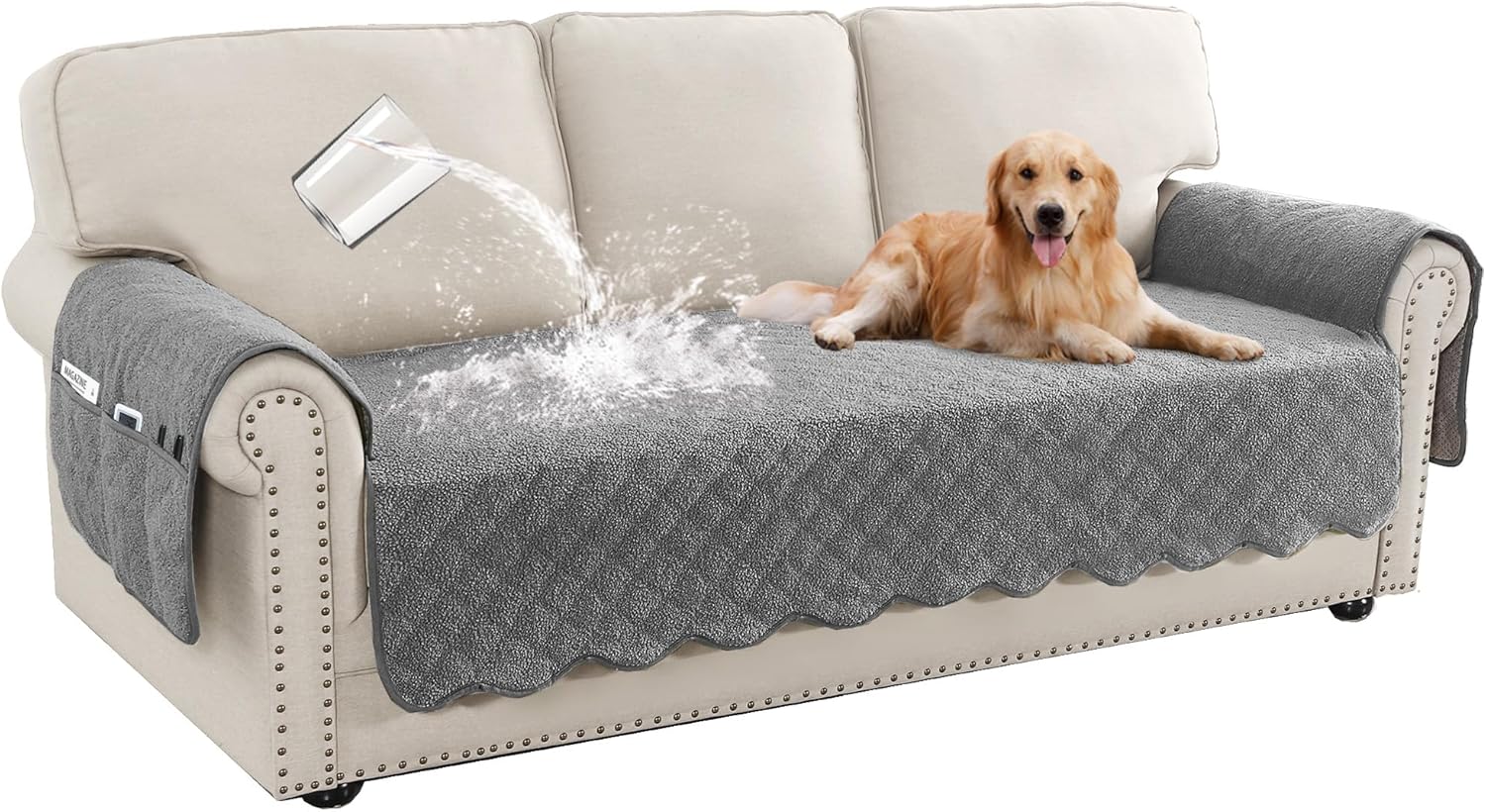 Turquoize Waterproof Couch Covers for Dogs Pet Protector Sofa Covers Washable Seat Cover with Side Pocket for 3 Cushion Couch Teddy Fleece Dog Furniture Cover (Sofa, Gray)