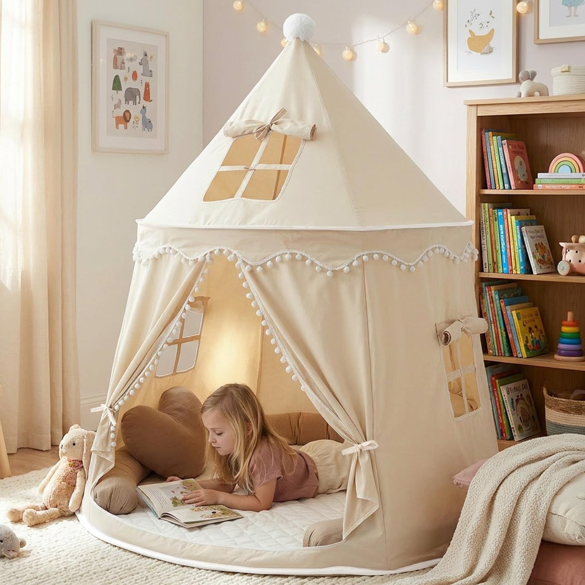 Spielzelt Kinder aus weichem Silky-Cotton in Warmbeige 110x110x130cm | Kinderzelt Indoor mit TripleAir-Effect, gemütlicher Bodenmatte & Tragetasche | stabile Kuschelhöhle fürs Kinderzimmer